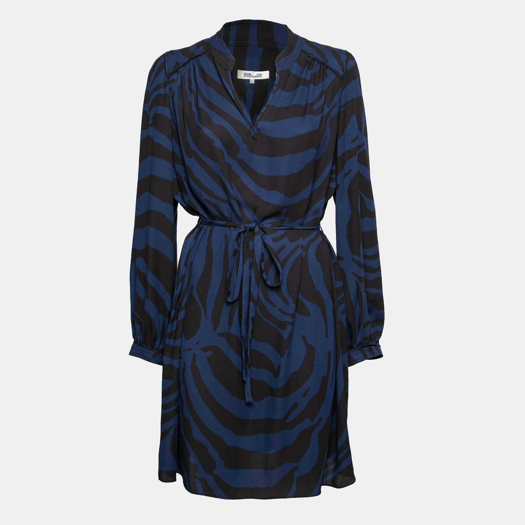 Pre Owned Diane von Furstenberg Blue & Black Printed Crepe Belted Dress L