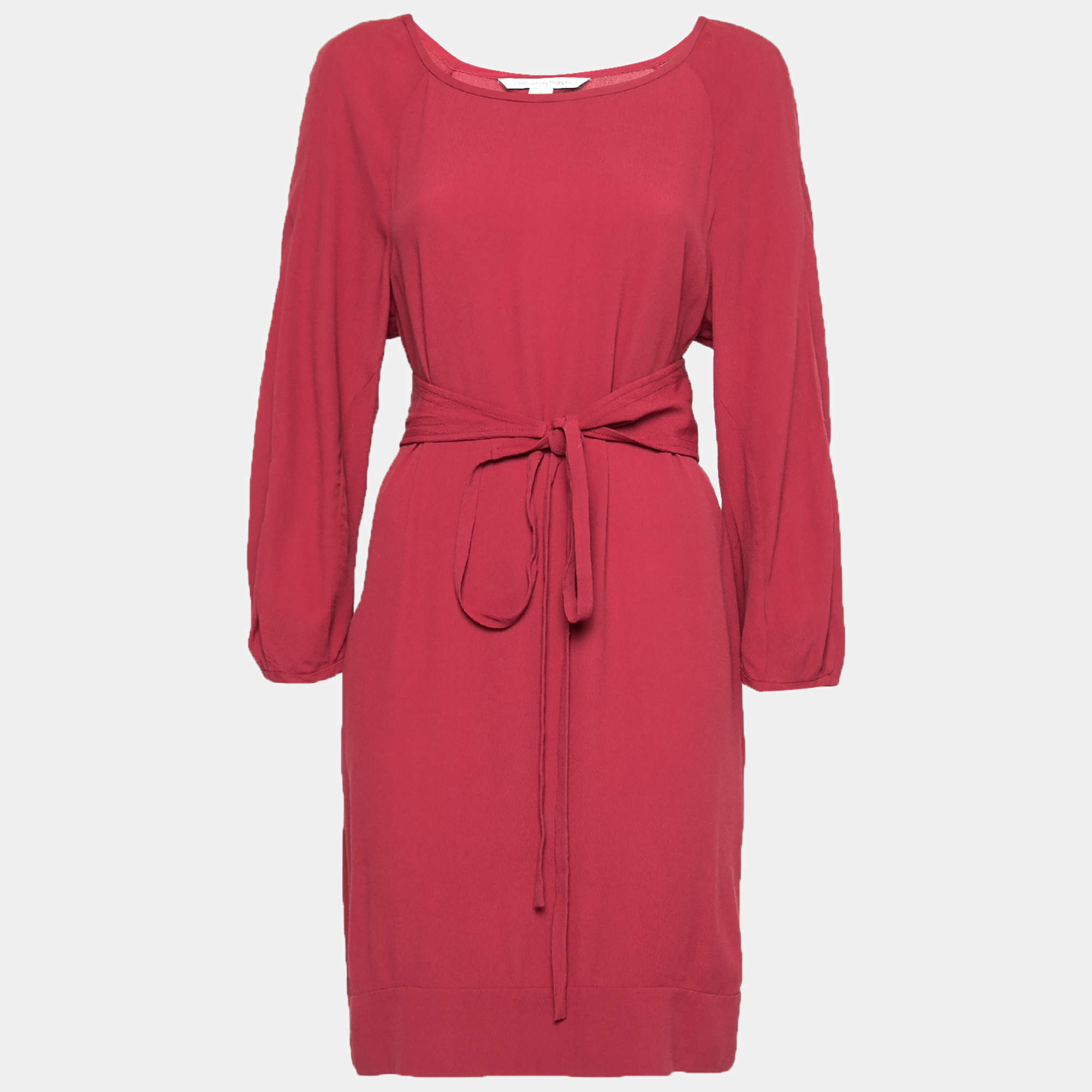 Pre Owned Diane Von Furstenberg Burgundy Crepe Long Sleeve Belted Dress L