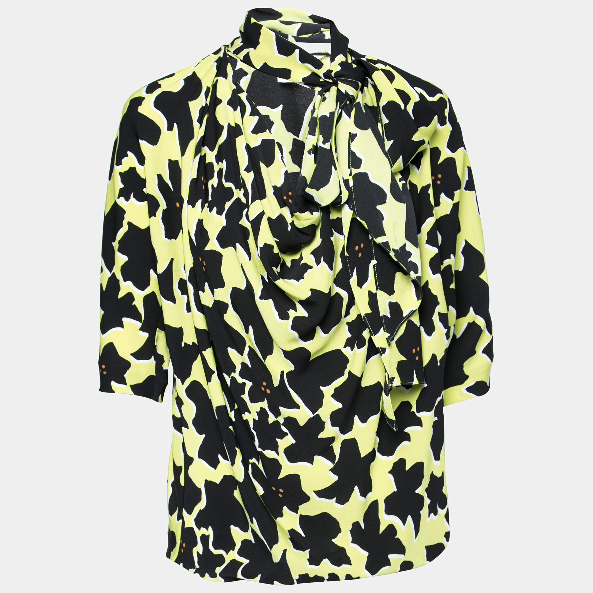 Pre Owned Diane Von Furstenberg Yellow & Black Printed Silk Theresa Blouse S
