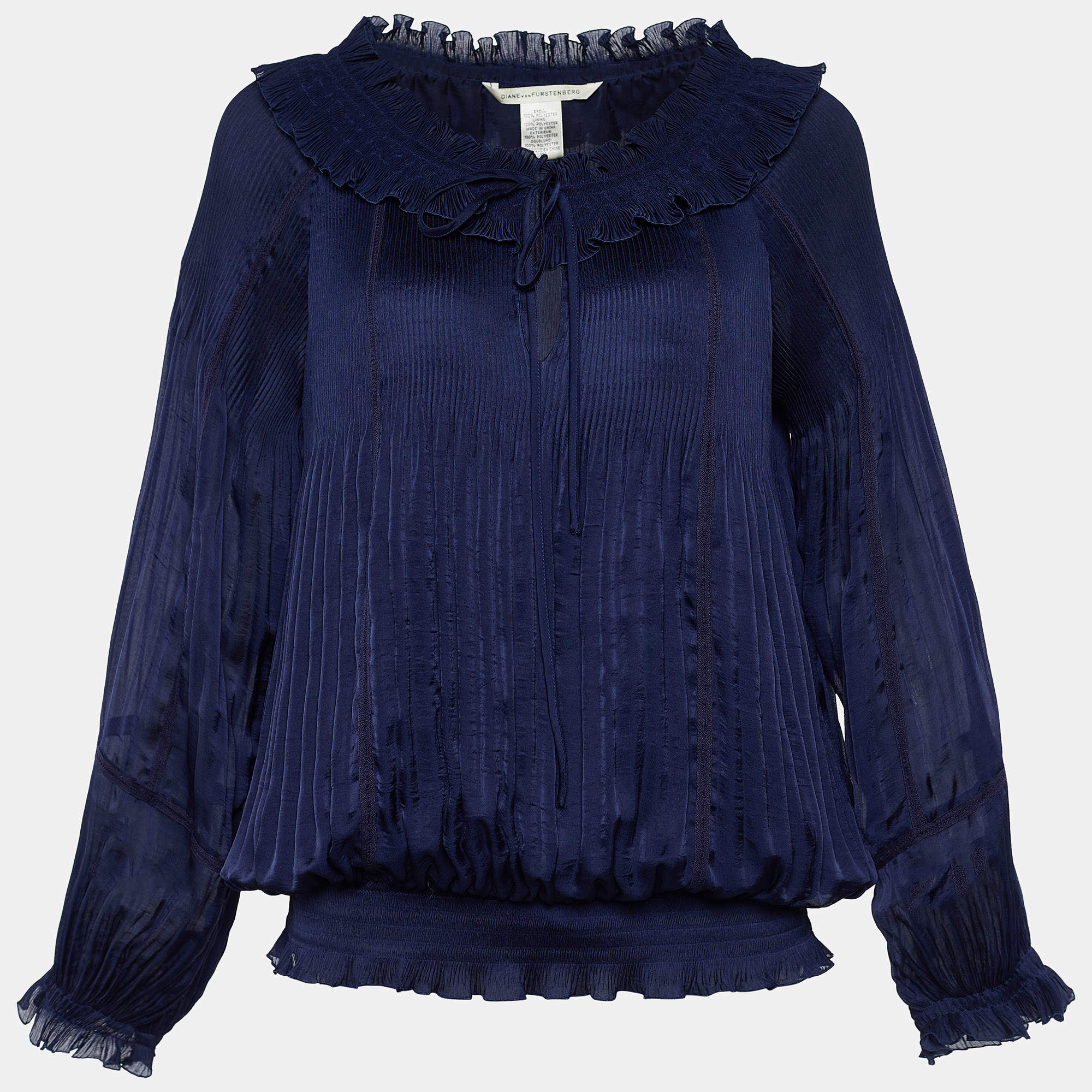 Pre Owned Diane von Furstenberg  Blue Synthetic Micro Pleated Blouse L