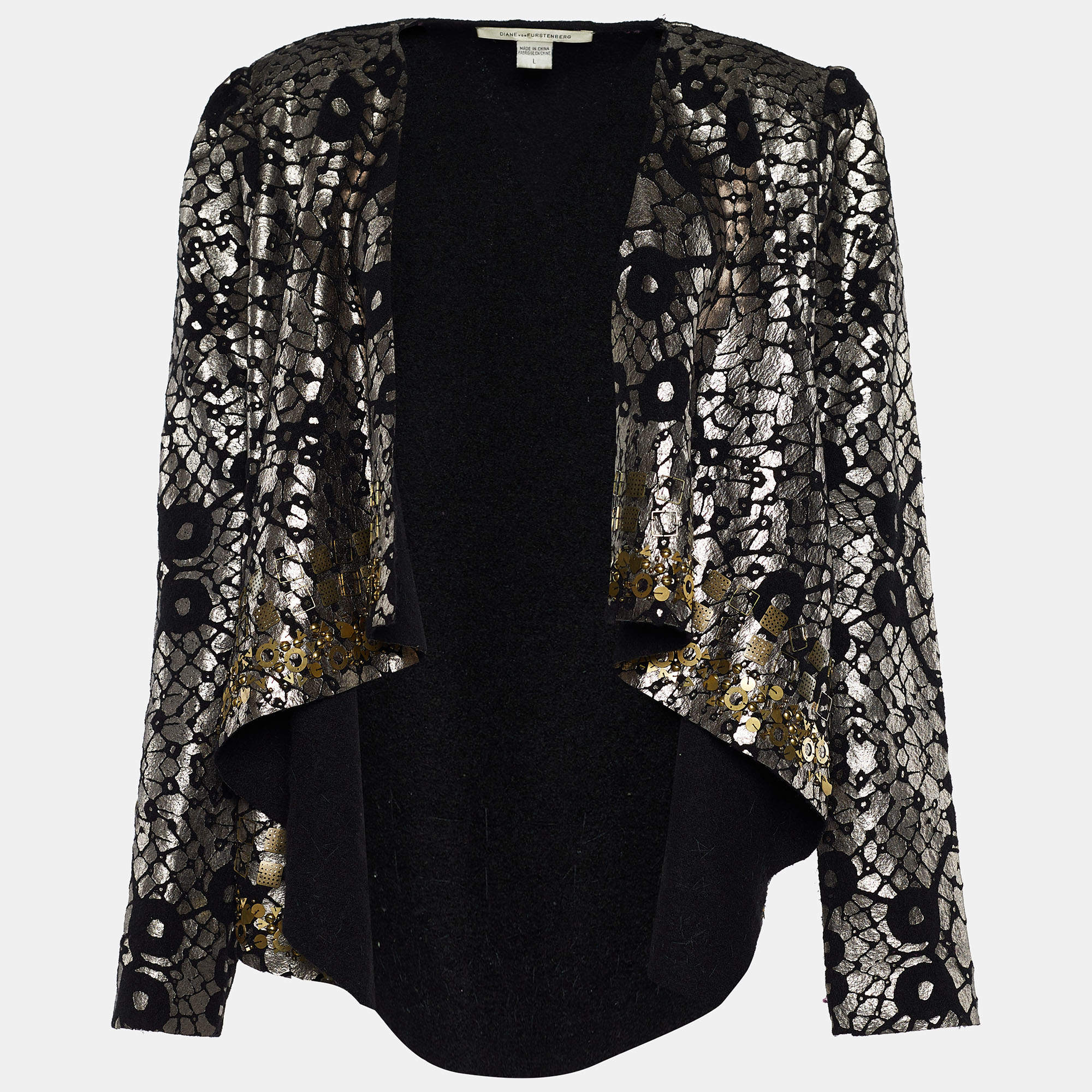 Pre Owned Diane Von Furstenberg Black/Silver Wool Embellished Jacket L
