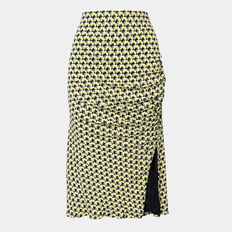 Pre Owned Diane von Furstenberg Yellow and Black Printed Side Ruched Detail Skirt XL