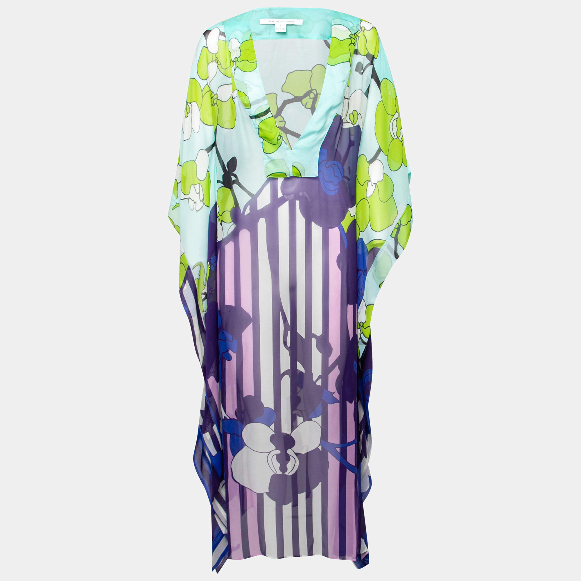 Diane von Furstenberg Multicolor Printed Silk Sheer Anushka Kaftan S