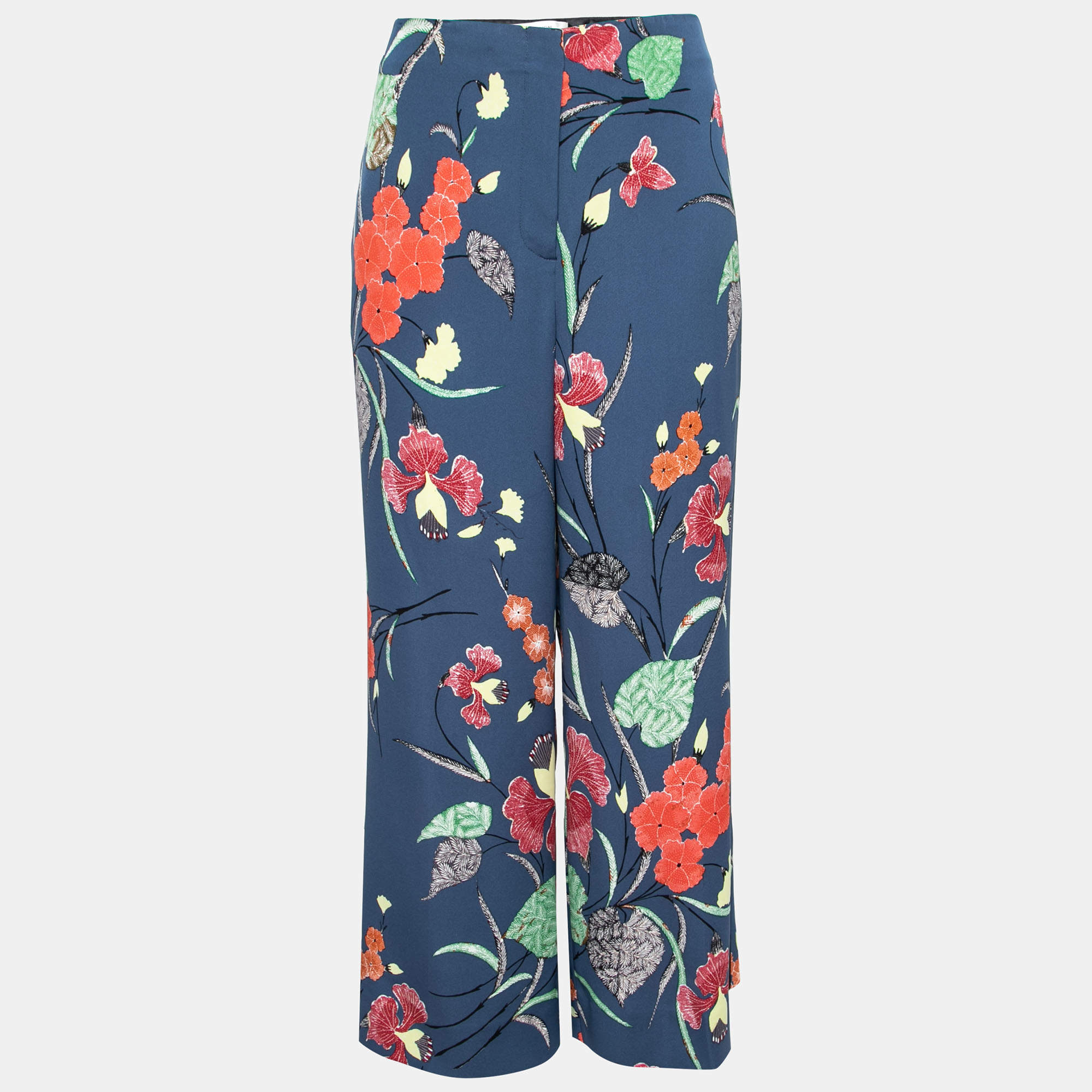 Pre Owned Diane von Furstenberg Indigo Floral Print Crepe Wide Leg Trousers L