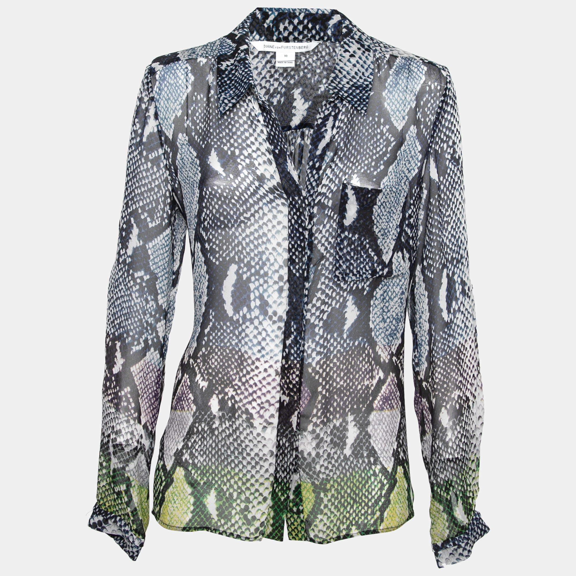 Pre Owned Diane von Furstenberg Blue Python Print Silk Chiffon Lorelei Shirt L