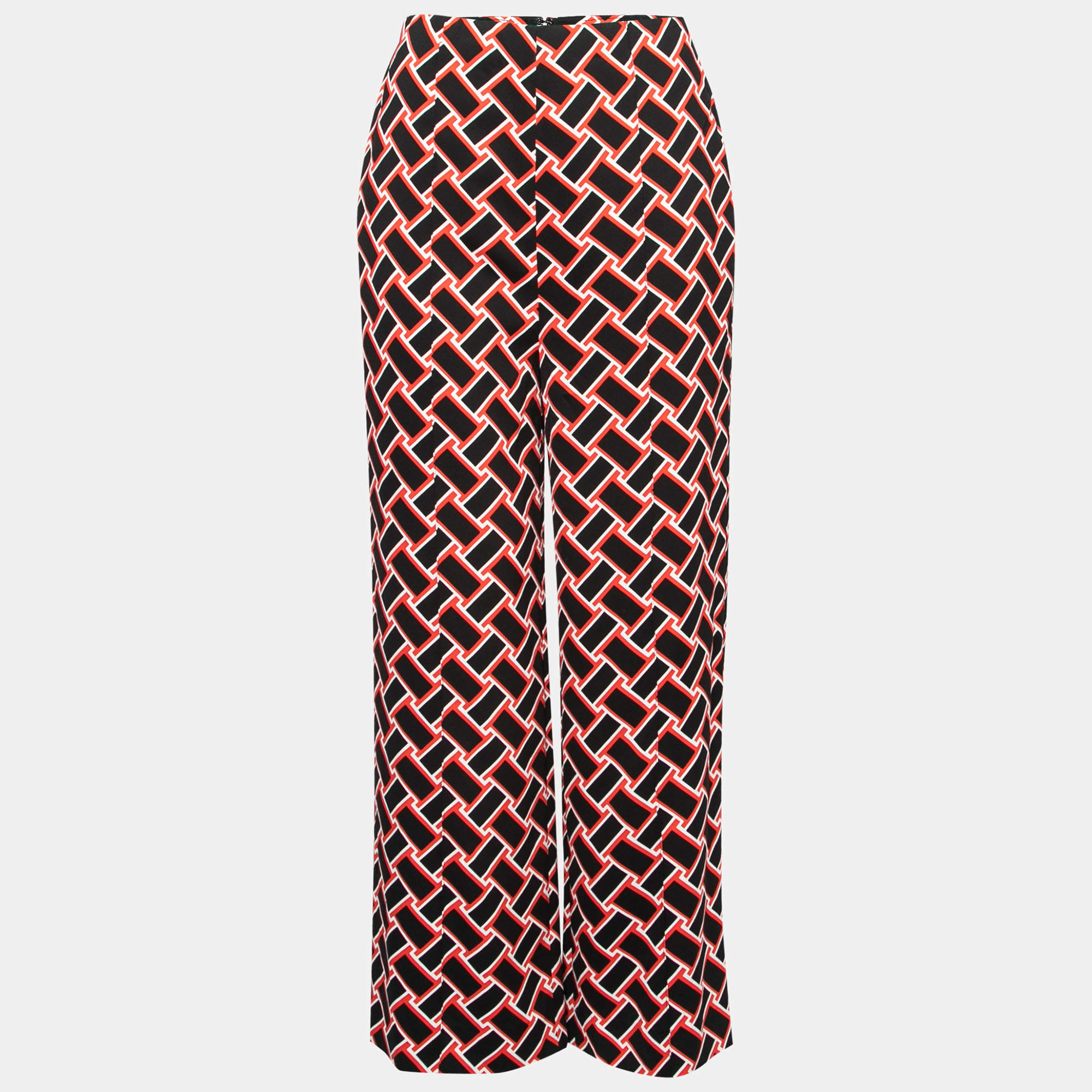Pre Owned Diane von Furstenberg Red & Black Printed Stretch Crepe Wide-Leg Trousers M Waist 28"