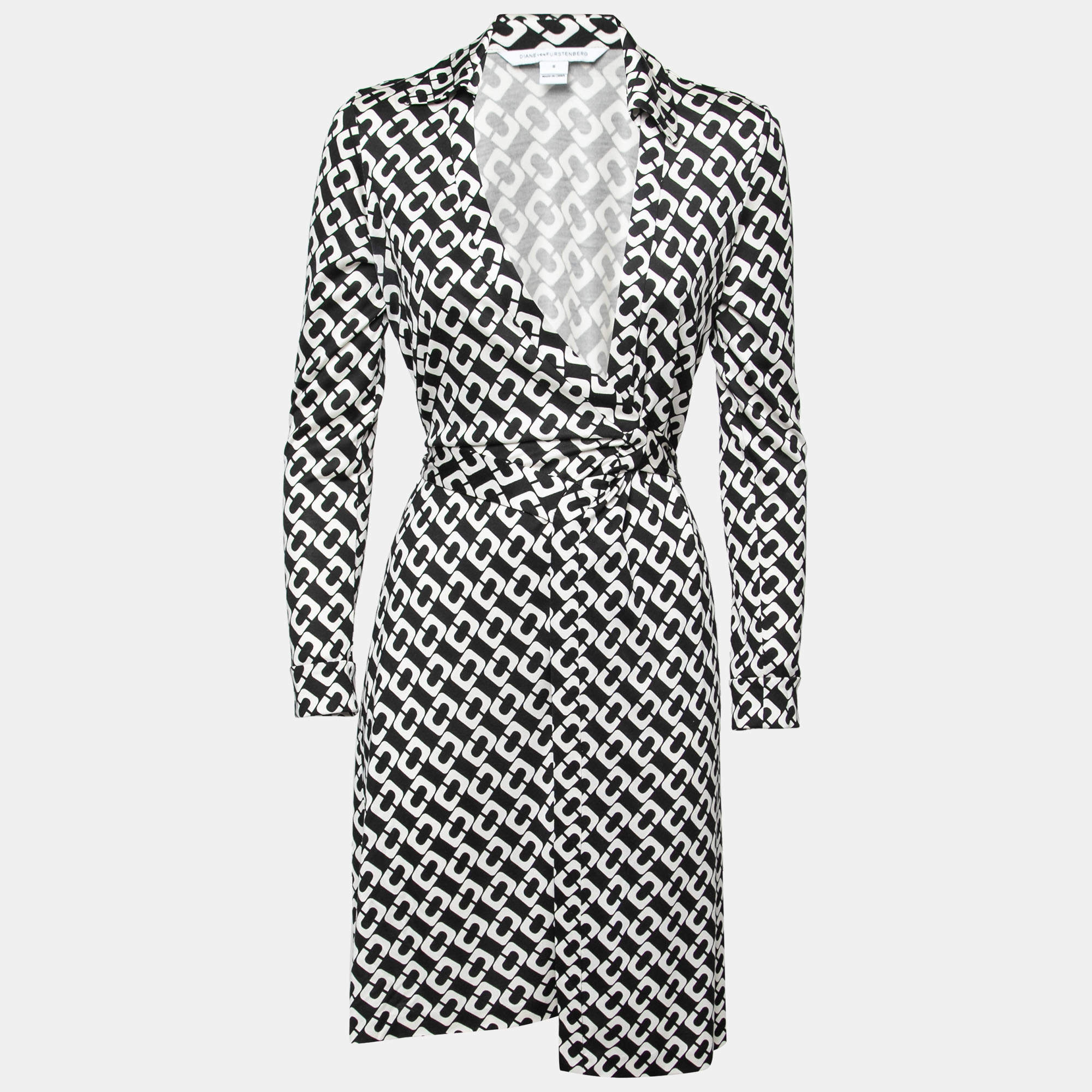 Pre Owned Diane von Furstenberg Black Printed Silk Jersey Jeanne Wrap Dress M