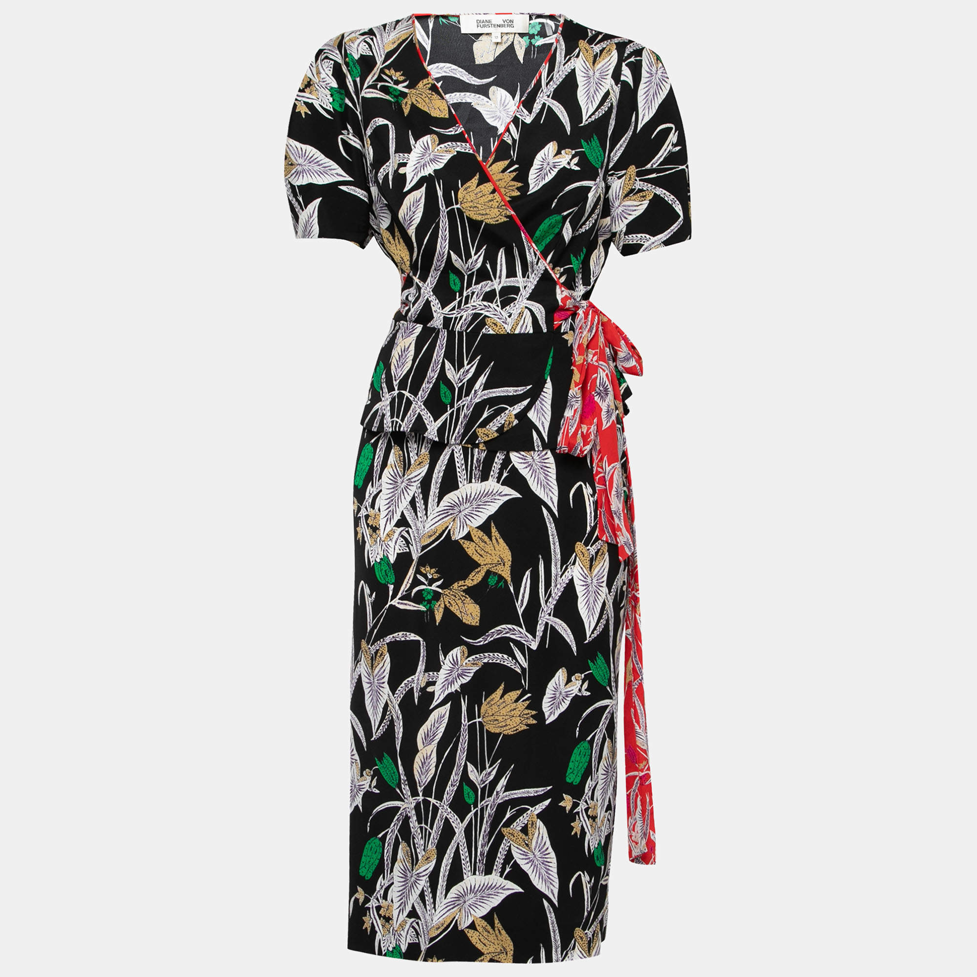 Diane von Furstenberg Black Floral Print Crepe Wrap Blouse & Skirt Set L