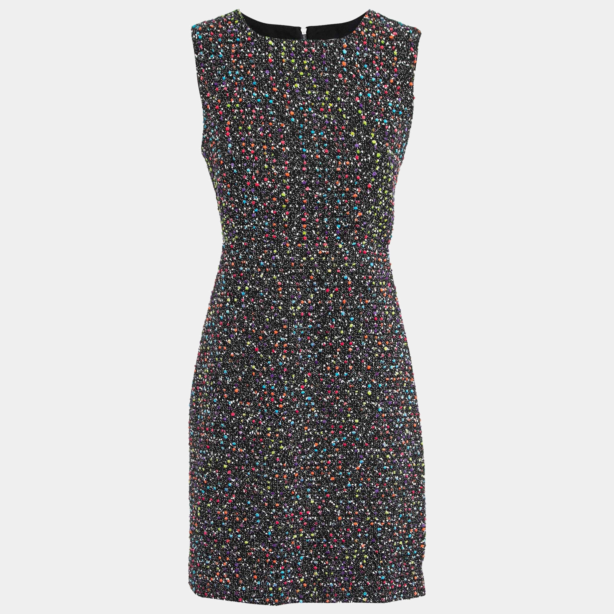 Pre Owned Diane von Furstenberg Black Multicolor Dot Tweed Carrie Dress S
