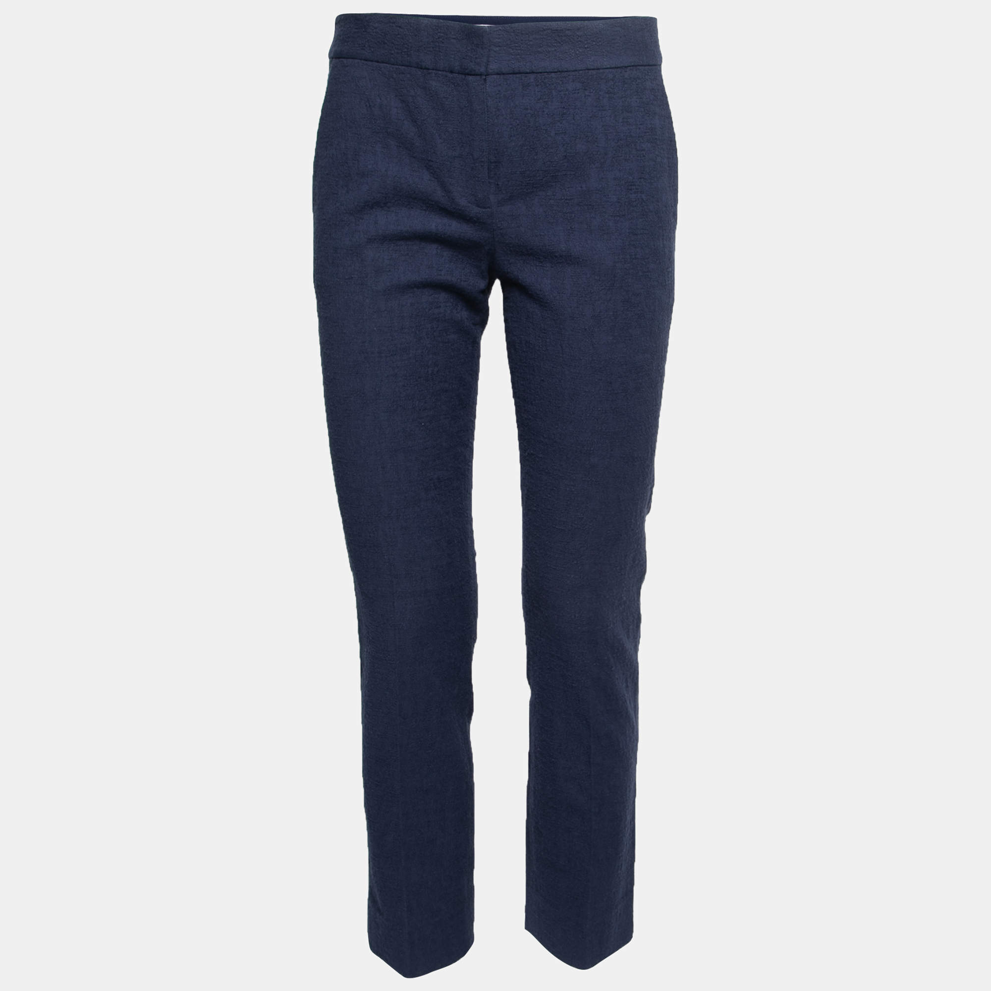 Diane von Furstenberg Navy Blue Textured Cotton Cropped Tapered Trousers S