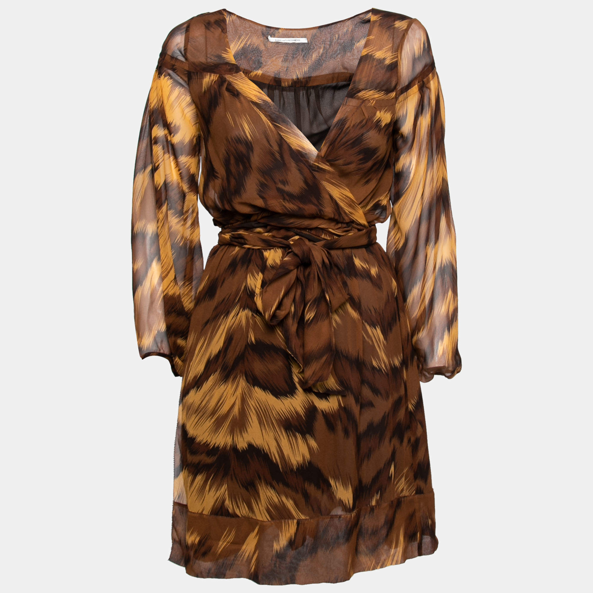 Diane von Furstenberg Brown Tiger Print Silk Chiffon Wrap Dress M