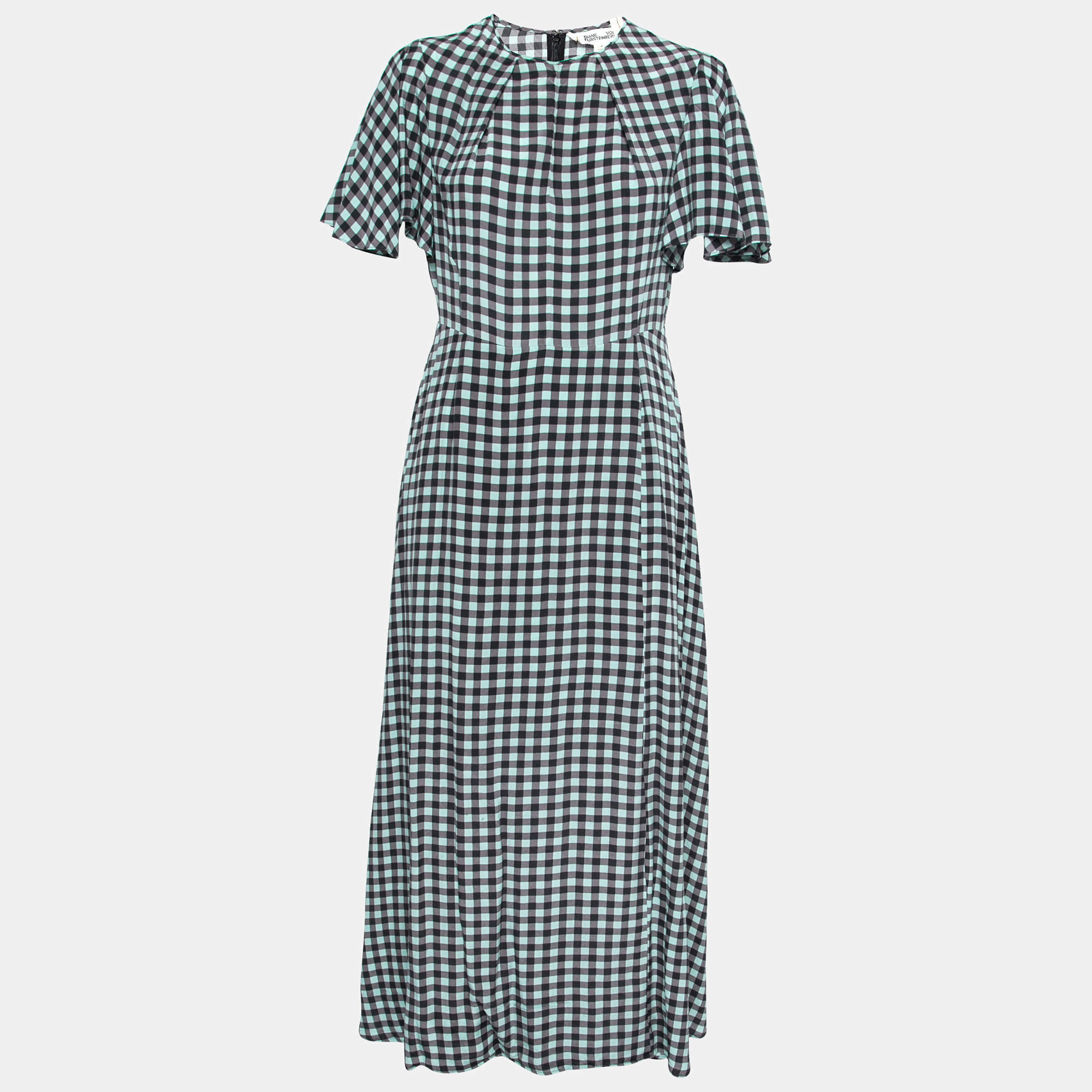 Pre Owned Diane von Furstenberg Black & Teal Checkered Silk Maxi Dress M