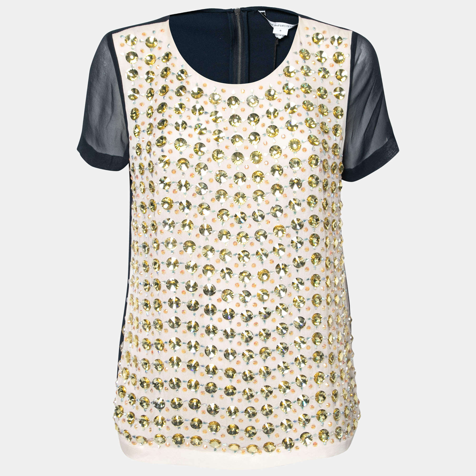 Pre Owned Diane von Furstenberg Navy Blue Silk Rounded Crystal Embellished Gidget Top M