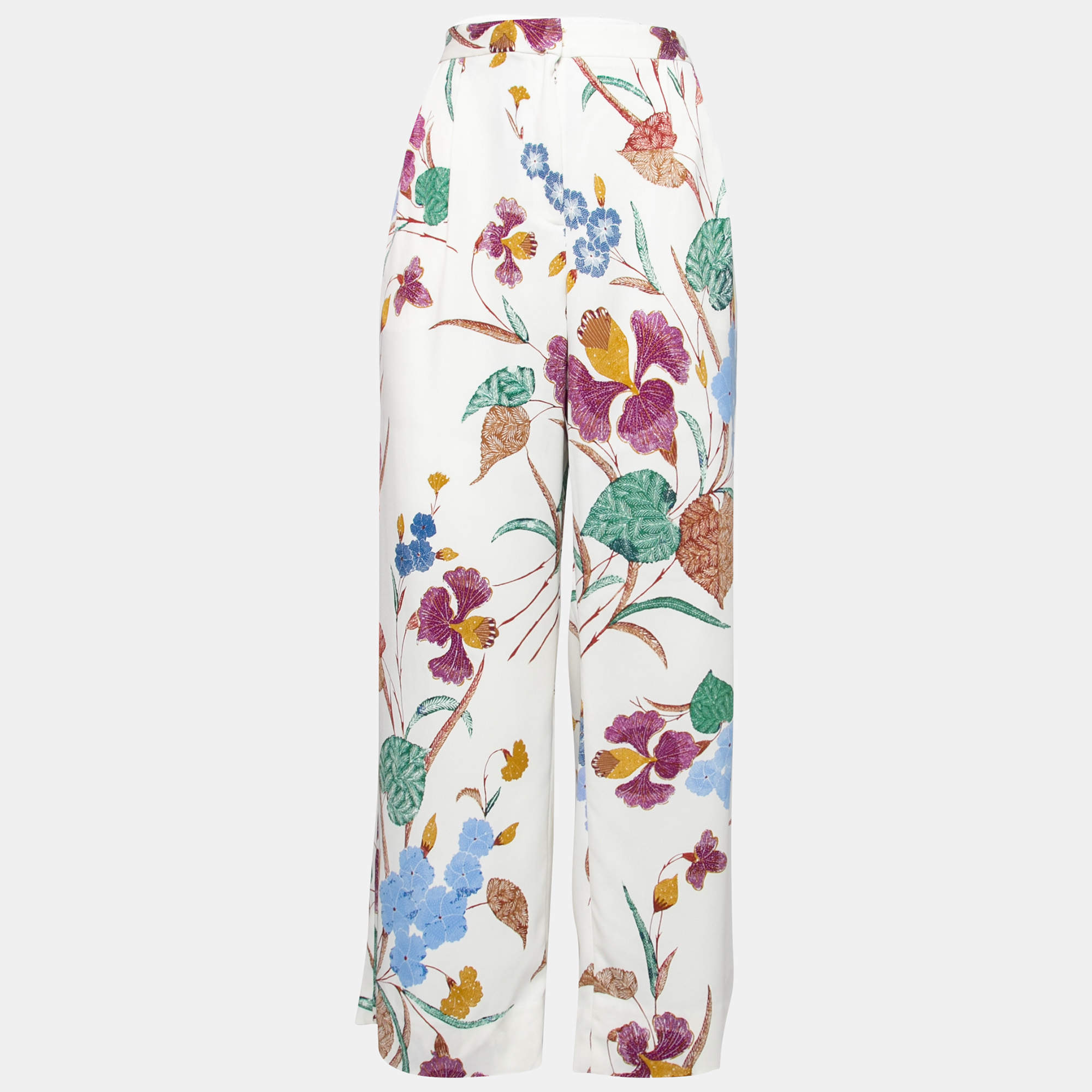 Pre Owned Diane Von Furstenberg White Floral Printed Stretch Crepe Wide Leg Trousers L