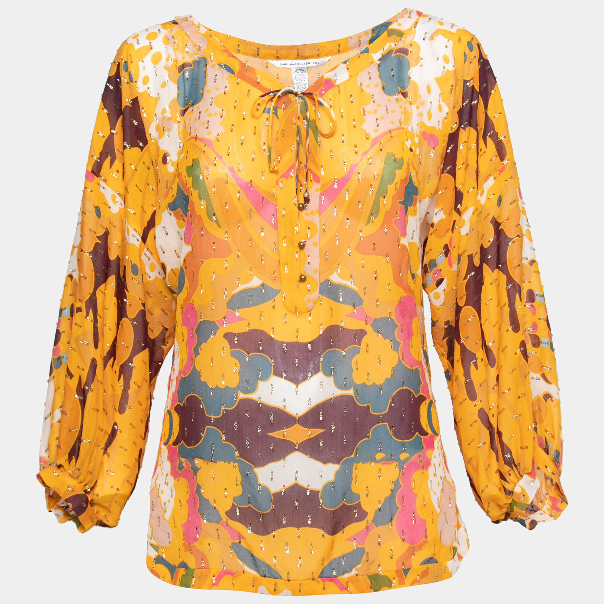 Pre Owned Diane von Furstenberg Yellow Printed Silk & Lurex Detail Peelo Blouse M