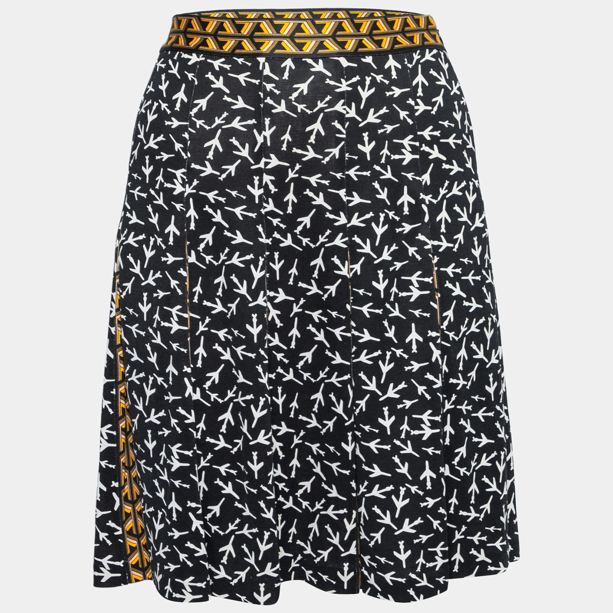 Pre Owned Diane Von Furstenberg Black Airplane Print Silk Pleated Risa Skirt M