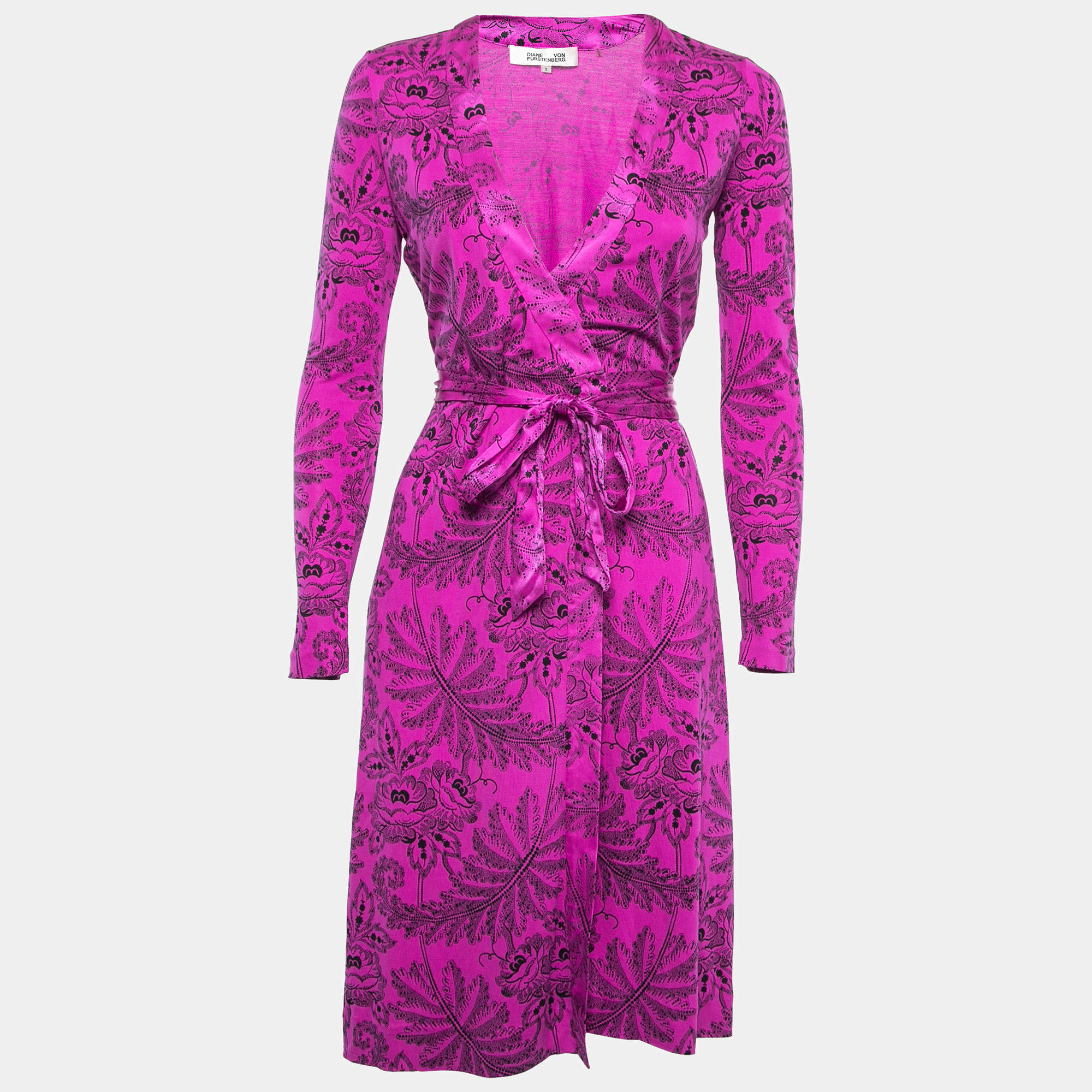 Pre Owned Diane von Furstenberg Hot Pink Floral Printed Silk Wrap Dress XS