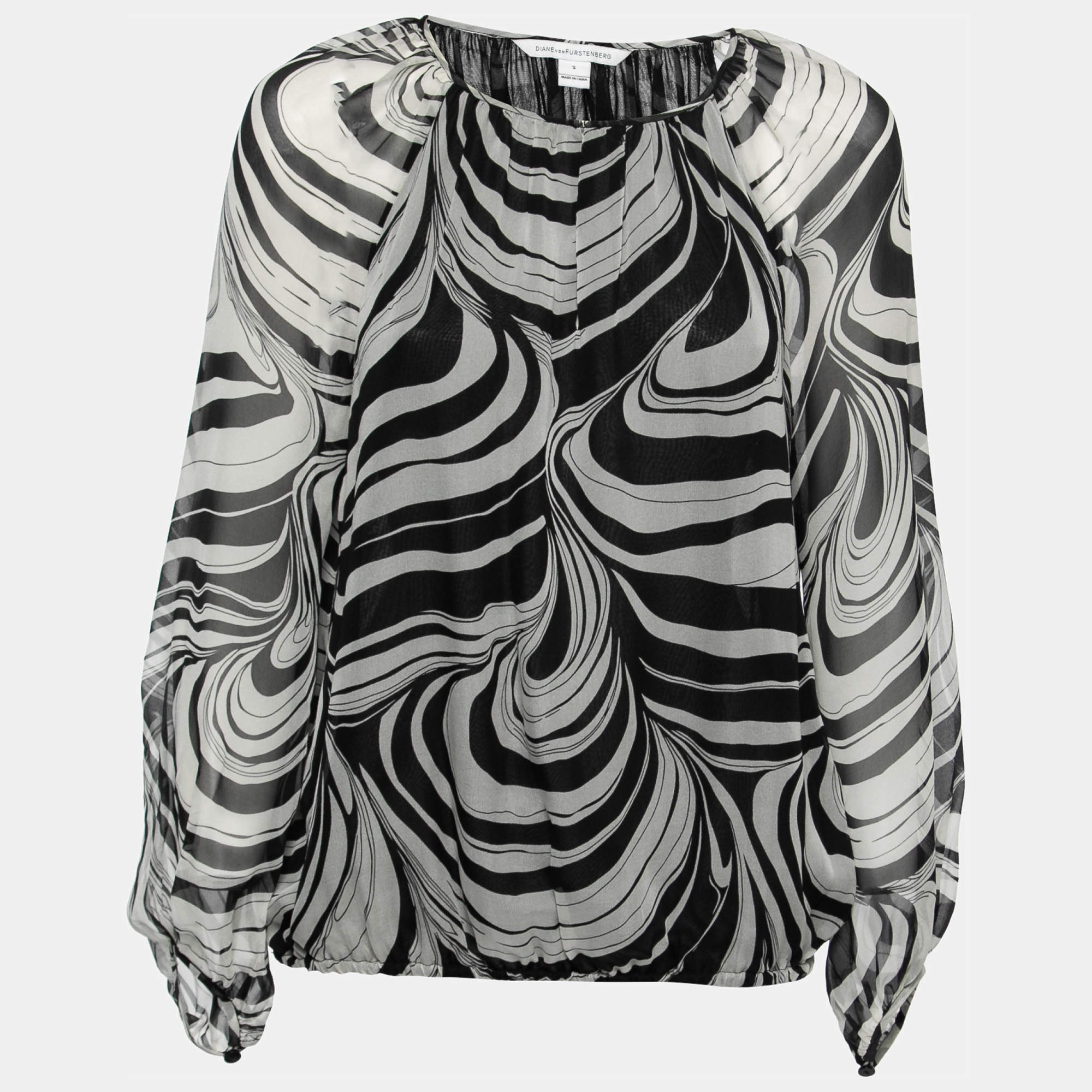 Pre Owned Diane Von Furstenberg Black Marble Print Silk Keyhole Detail Blouse S