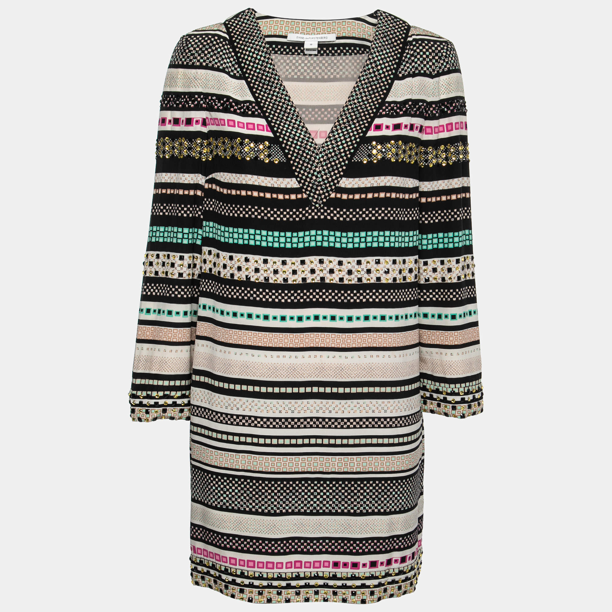 Pre Owned Diane Von Furstenberg Multicolor Printed Embellished Silk Dress L