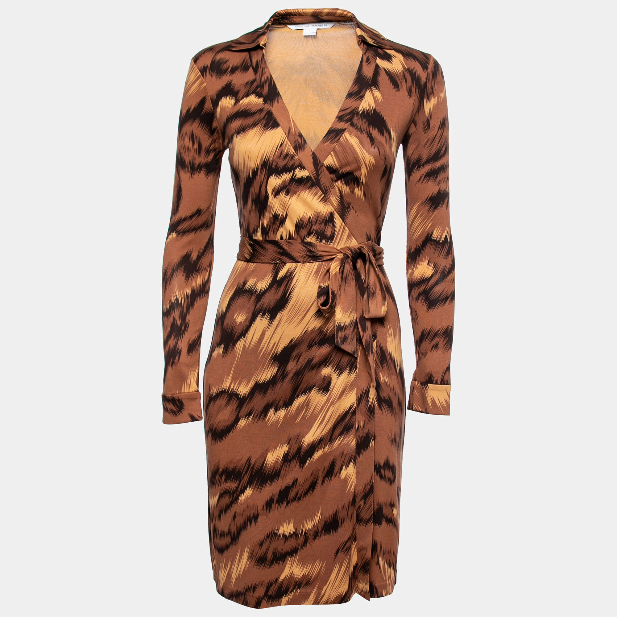 Pre Owned Diane Von Furstenberg Brown Animal Print Stretch Silk Wrap Dress S