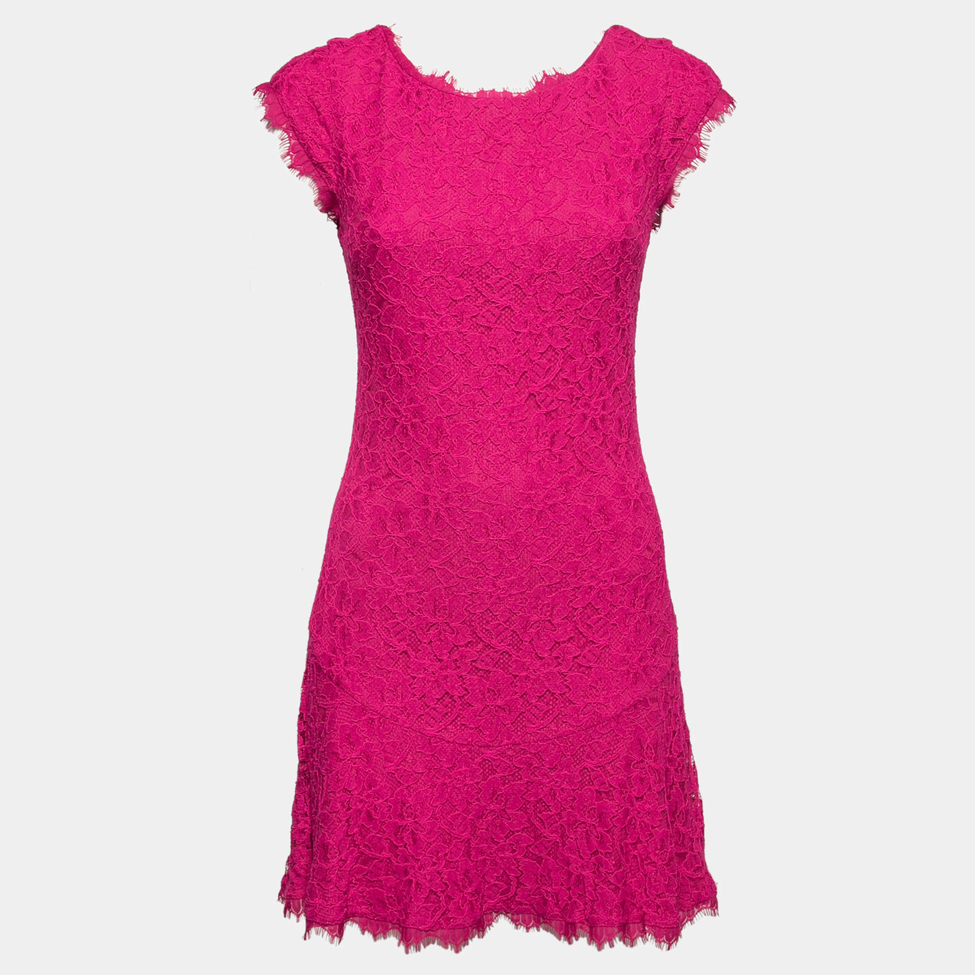 Pre Owned Diane Von Furstenberg Magenta Pink Lace Cap-Sleeve Mini Dress M
