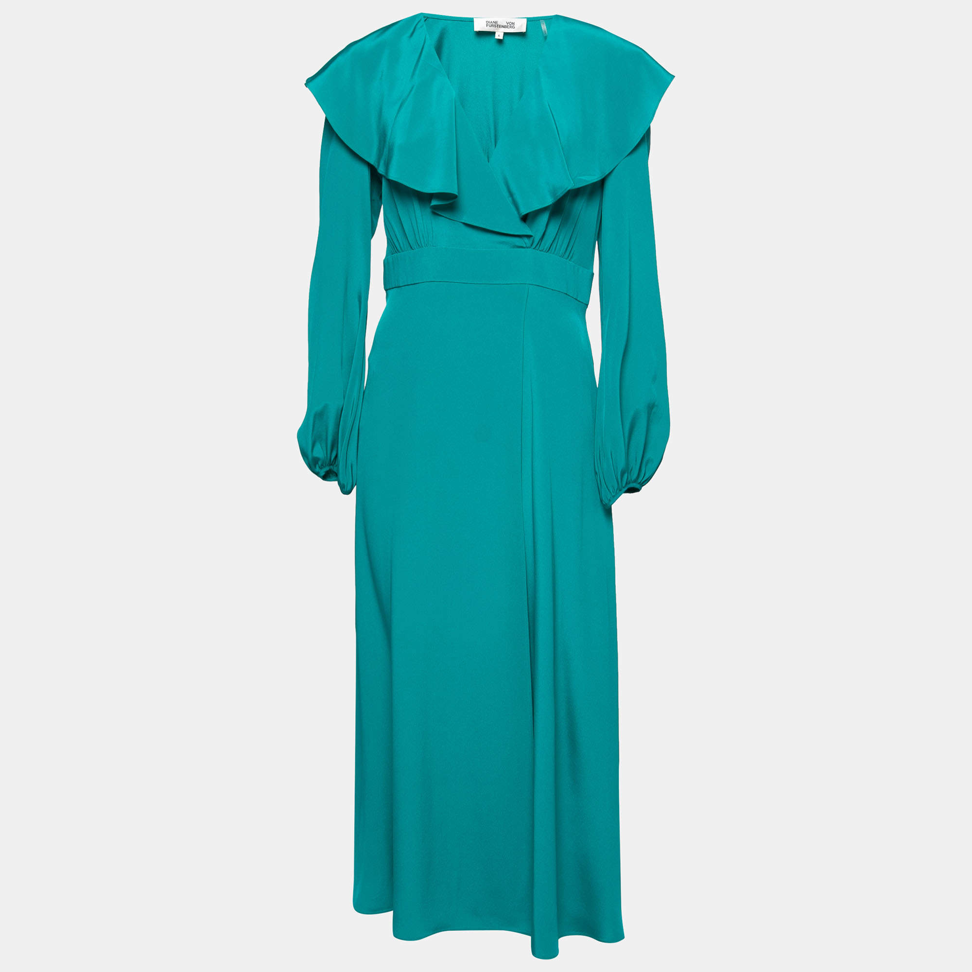 Pre Owned Diane von Furstenberg Teal Blue Silk Ruffled Wrap-Effect Dress M