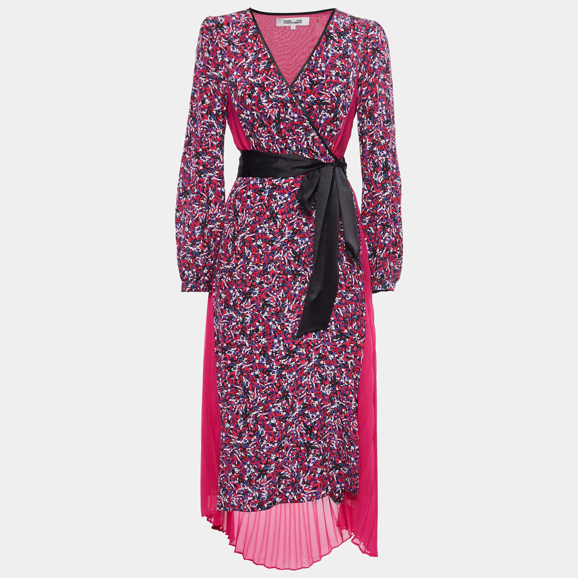 Pre Owned Diane von Furstenberg Pink Multicolor Printed Pleated Wrap Dress M