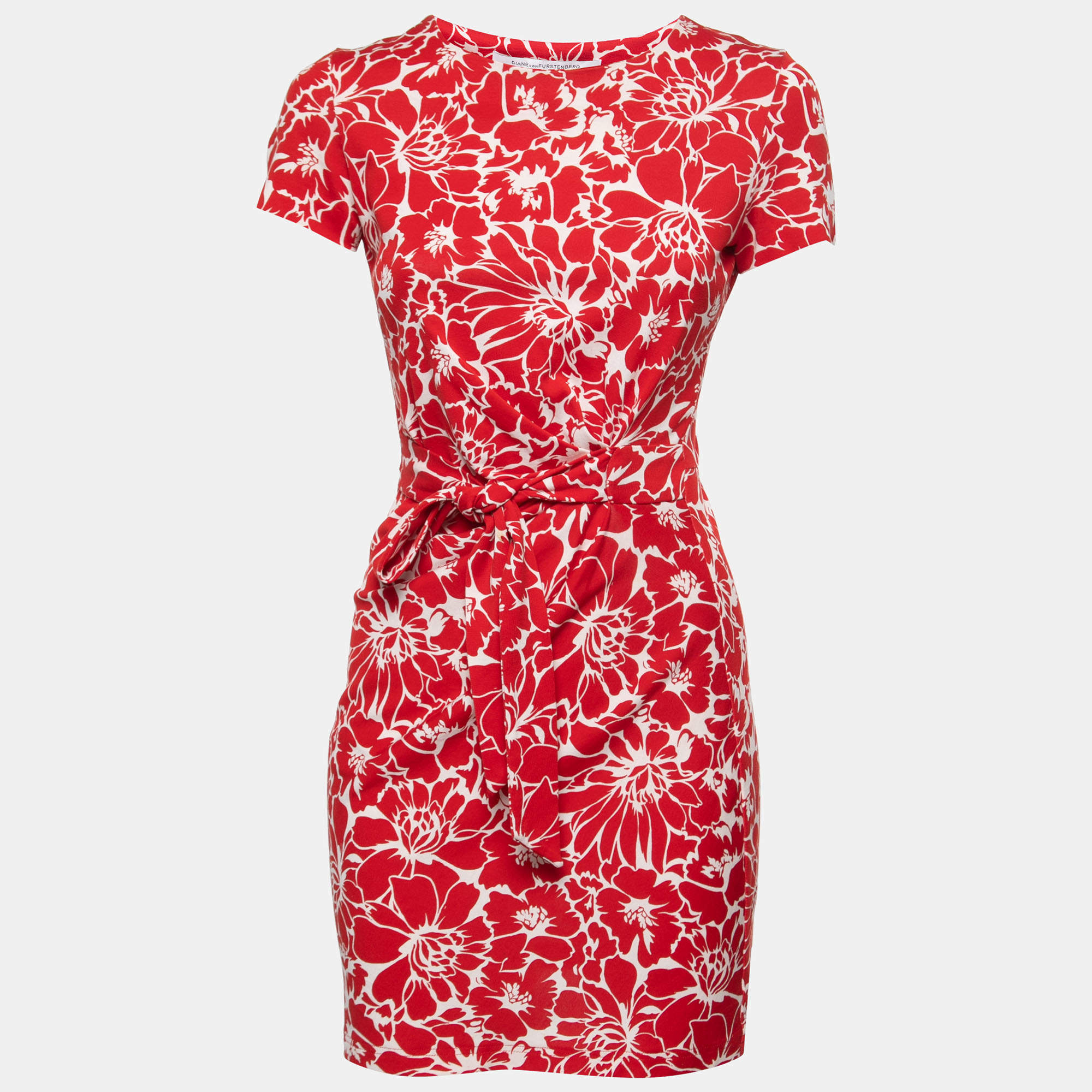 Pre Owned Diane Von Furstenberg Red and White Floral Print Faux Wrap Zoe Dress XS