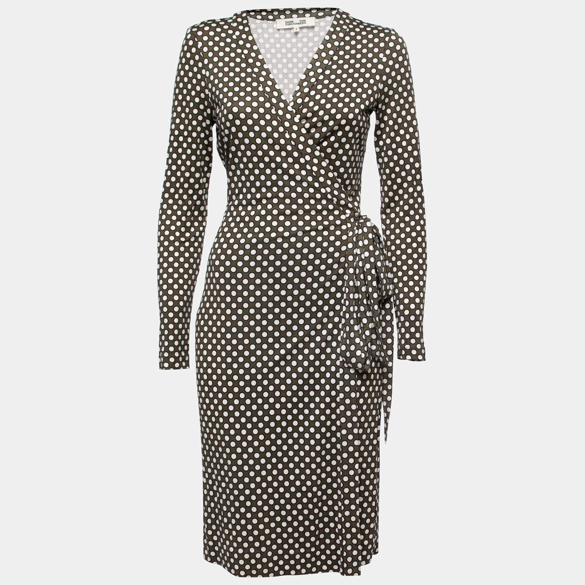 Pre Owned Diane Von Furstenberg Olive Green Polka Dotted Silk Wrap Dress M