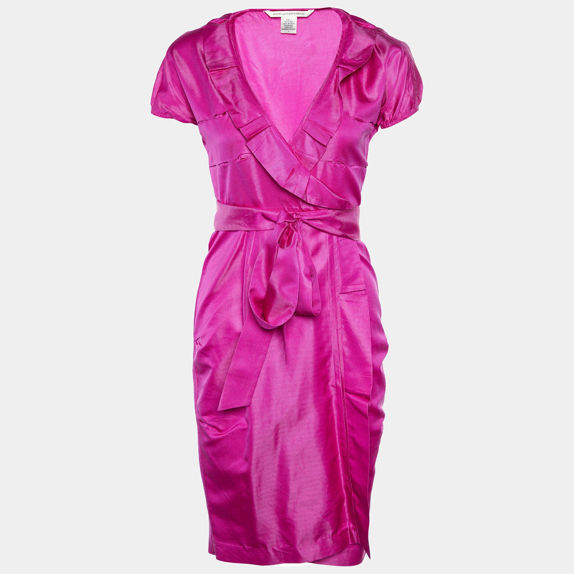 Pre Owned Diane Von Furstenberg Pink Silk Ruffled Victorie Wrap Dress S