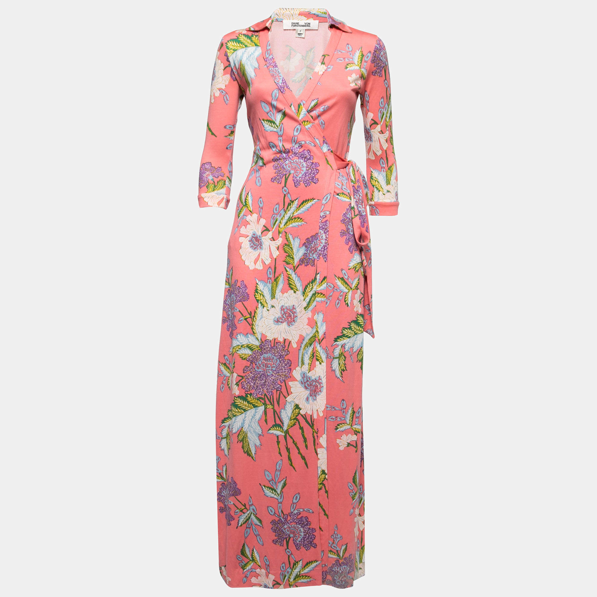 Pre Owned Diane Von Furstenberg Pink Floral Printed Jersey Maxi Wrap Dress S