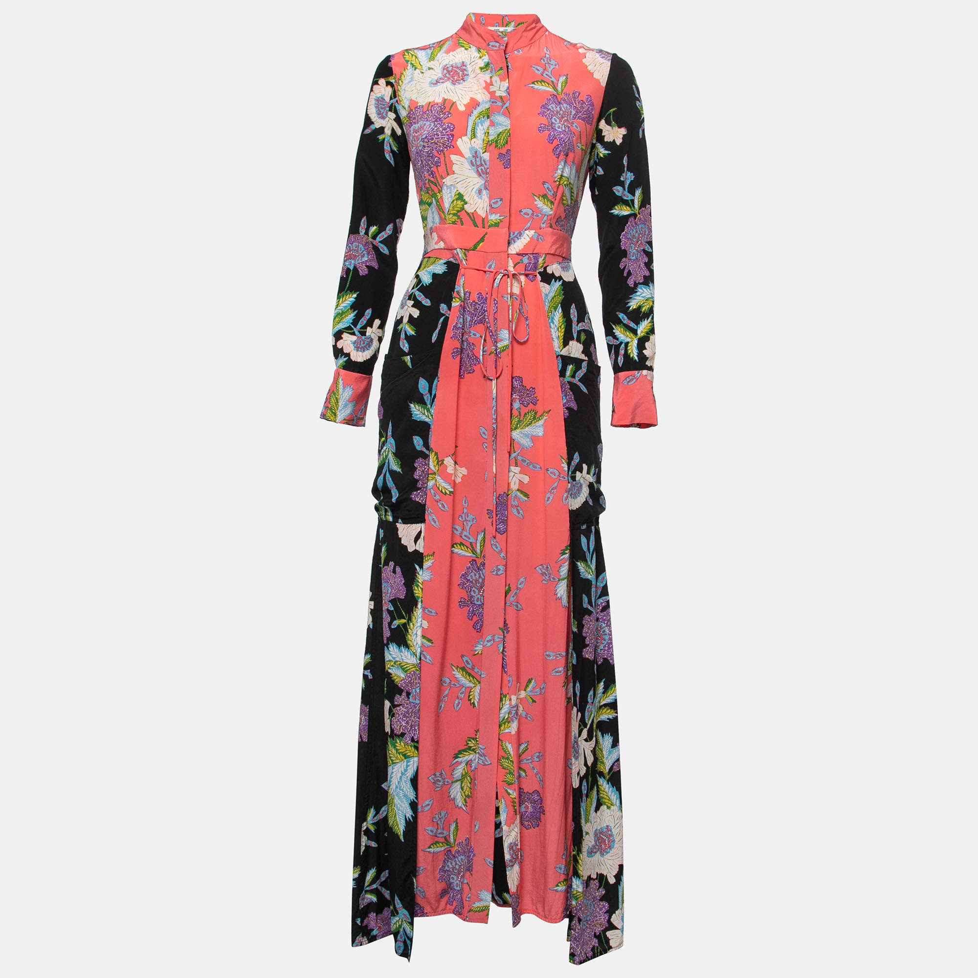 Pre Owned Diane Von Furstenberg Multicolor Floral Print Silk Contrast Maxi Dress S