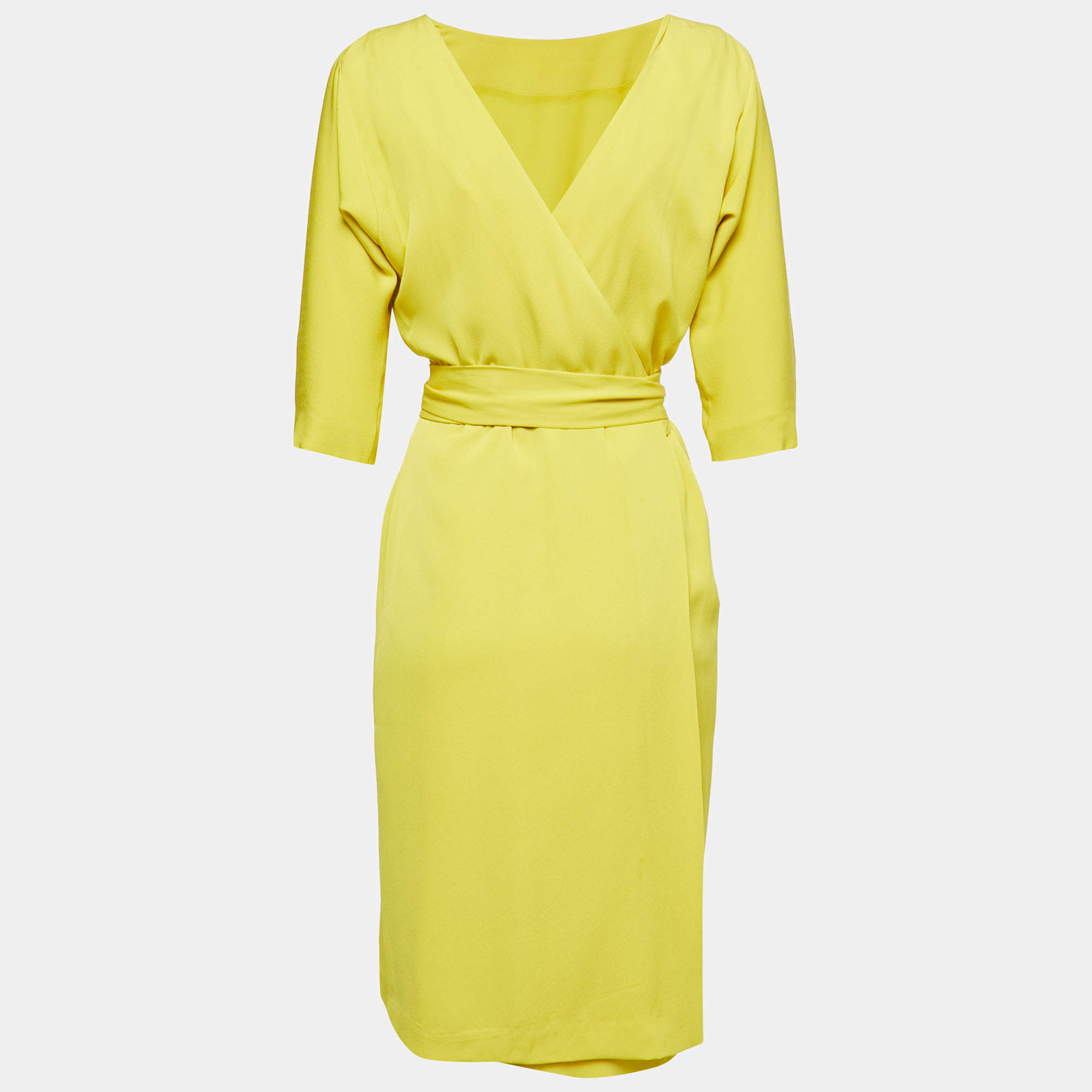Diane Von Furstenberg Yellow Silk Wrap Around Midi Dress S