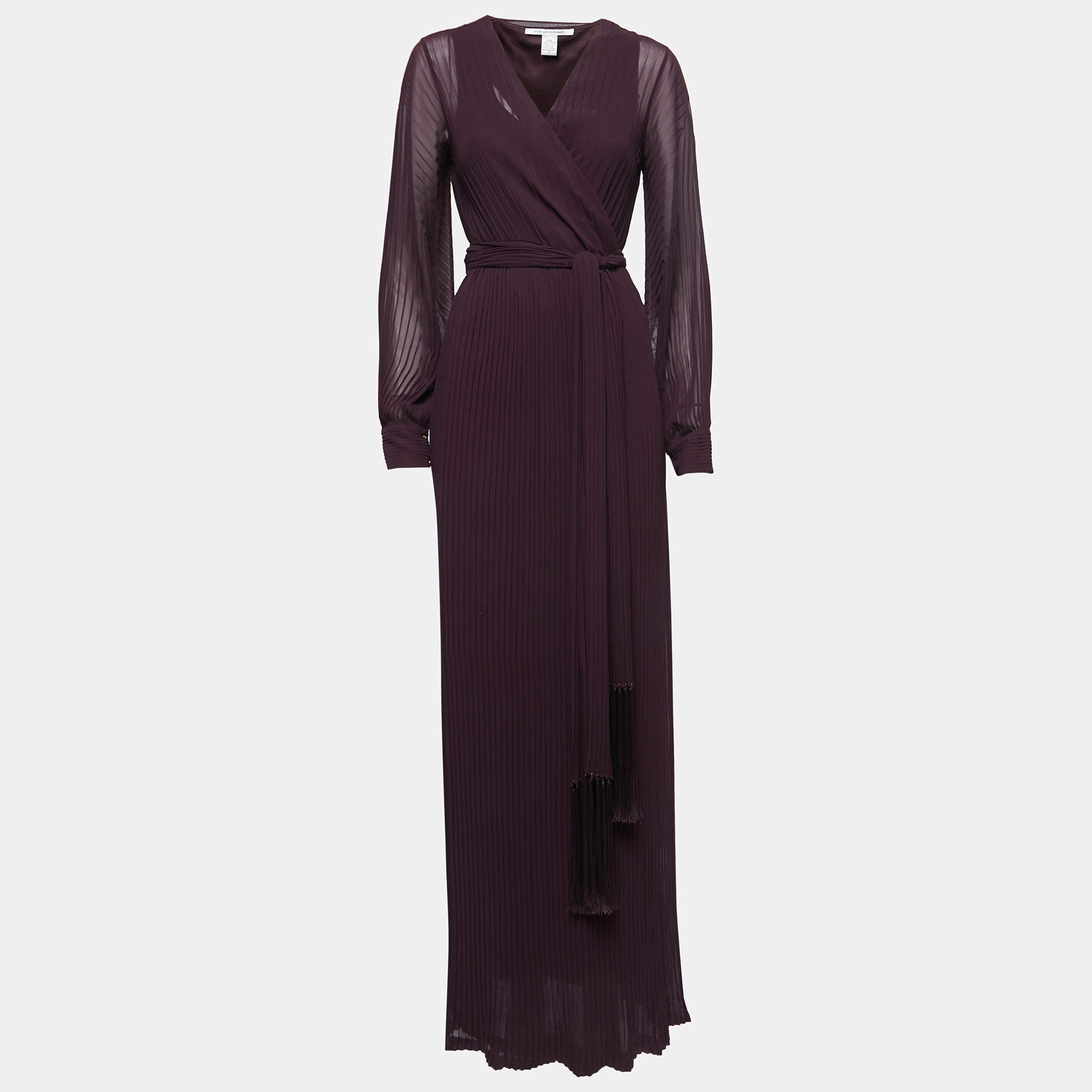 مملوكة مسبقًا Diane Von Furstenberg Deep Purple Pleated Chiffon Wrap Maxi Dress M