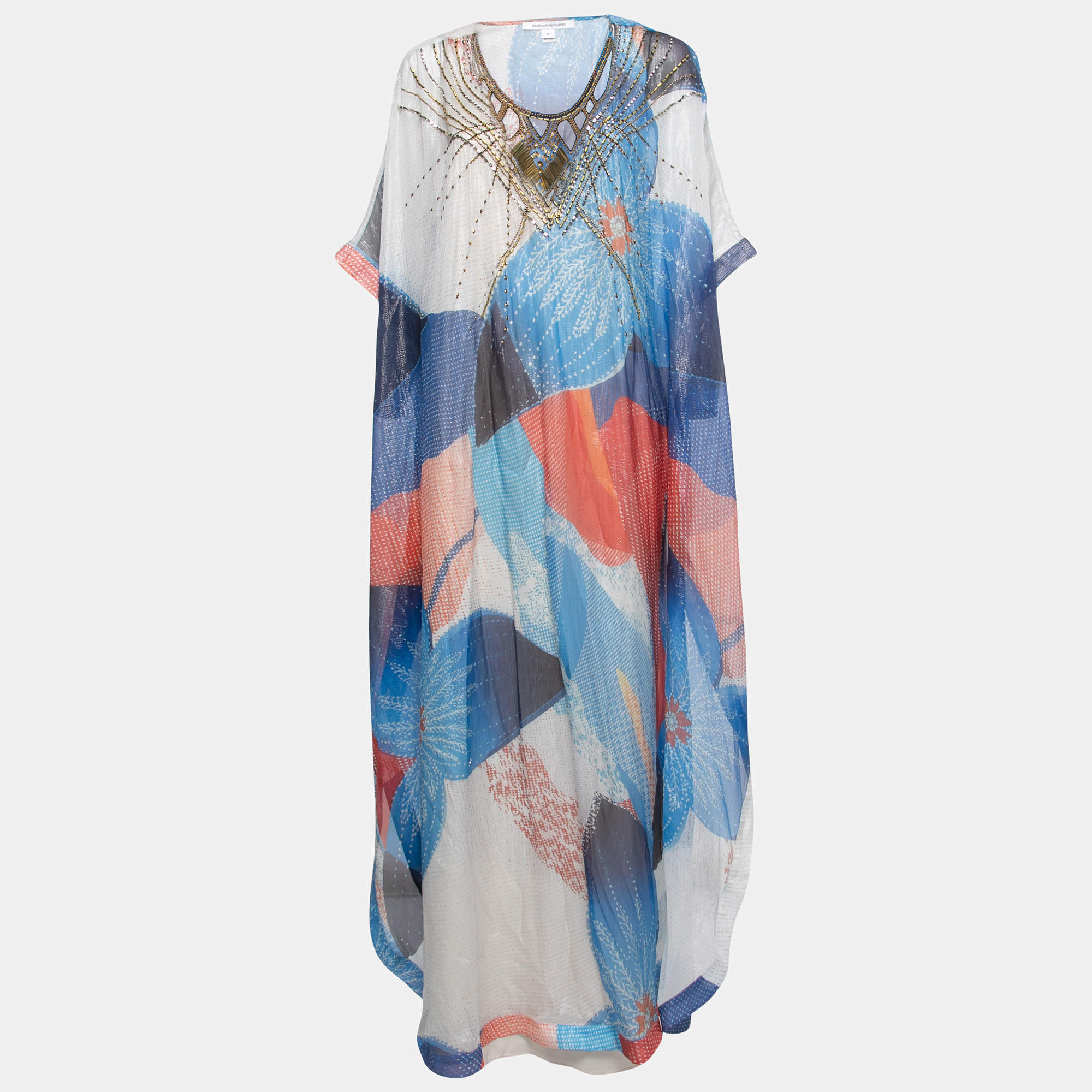 Pre Owned Diane Von Furstenberg Multicolor Printed Silk Beaded Kaftan Dress S