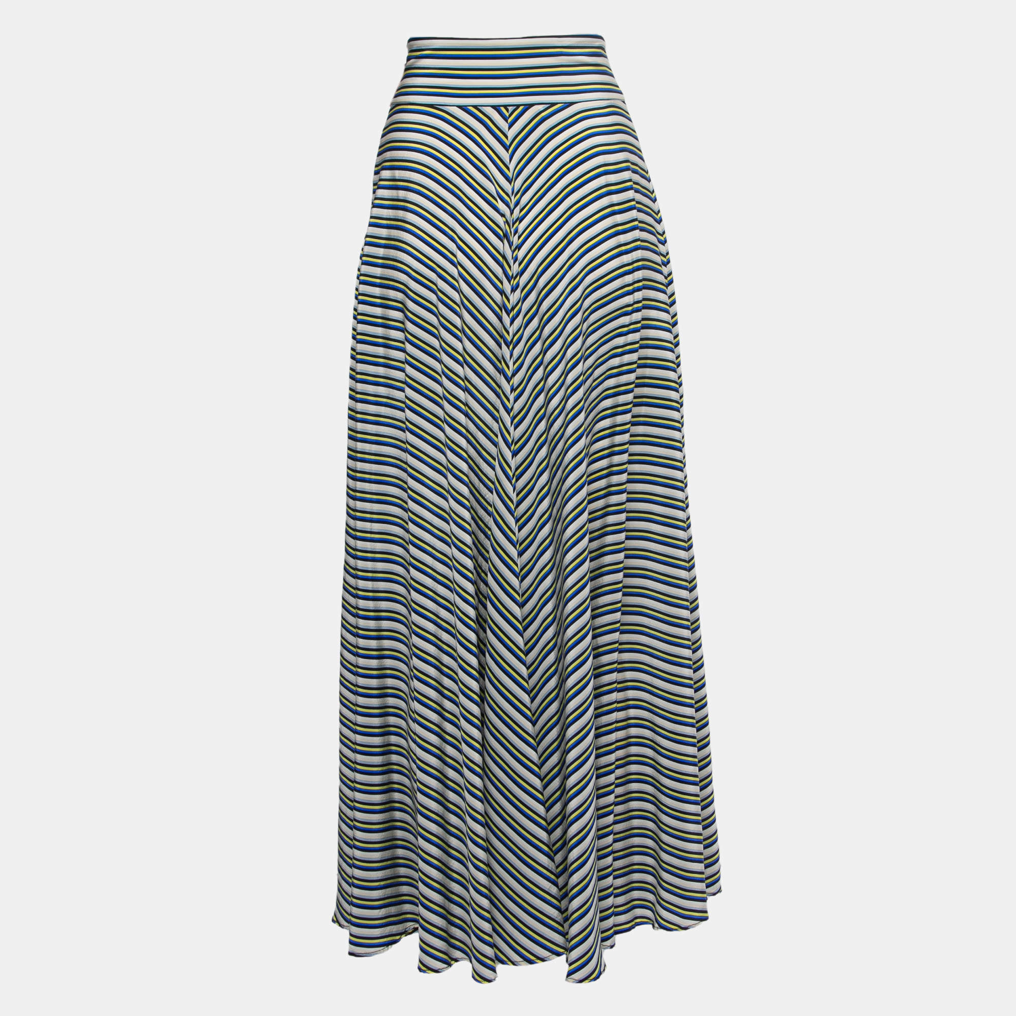 Diane Von Furstenberg Multicolor Striped Crepe High Waist Maxi Skirt S