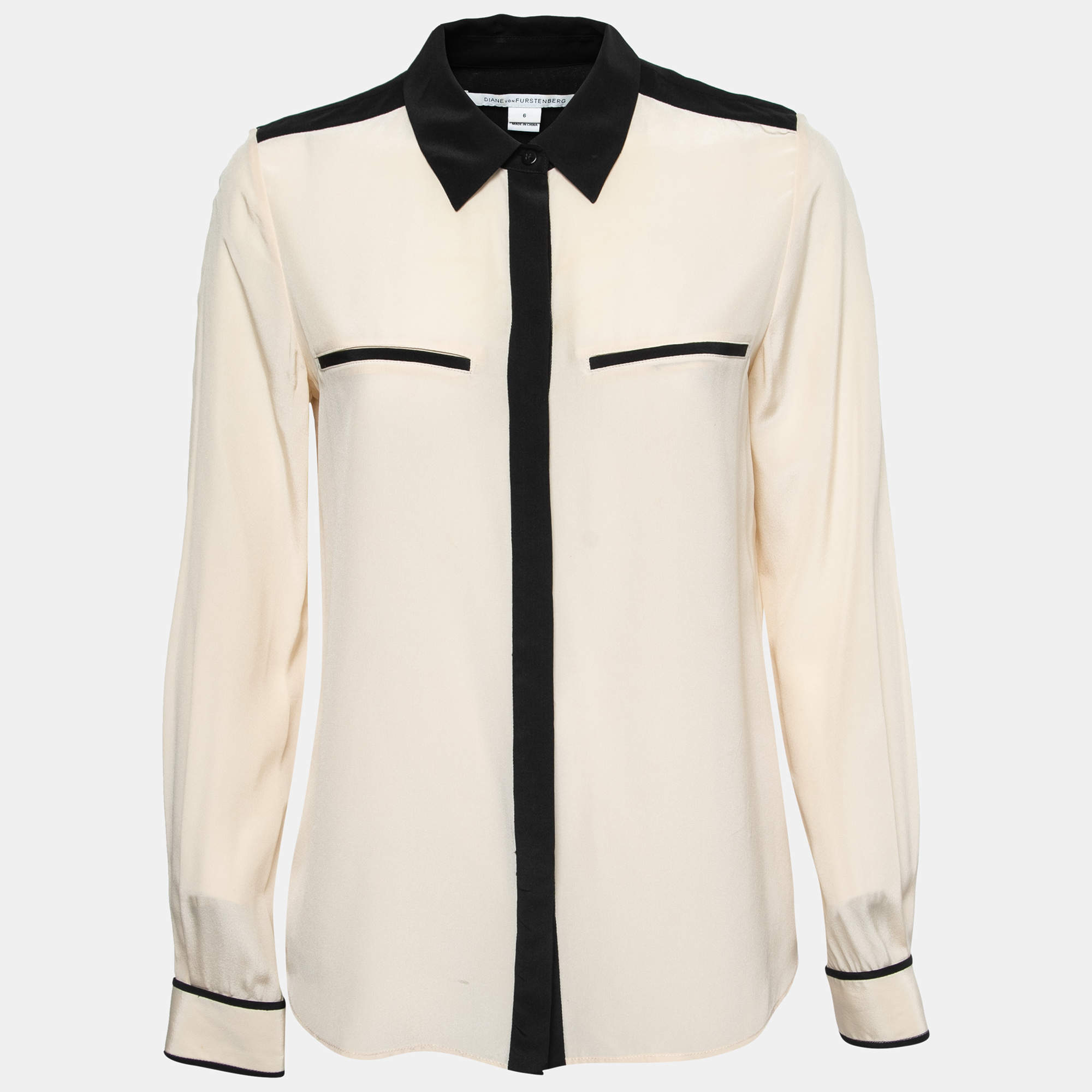 Diane Von Furstenberg Cream Silk Contrast Collar Shirt M