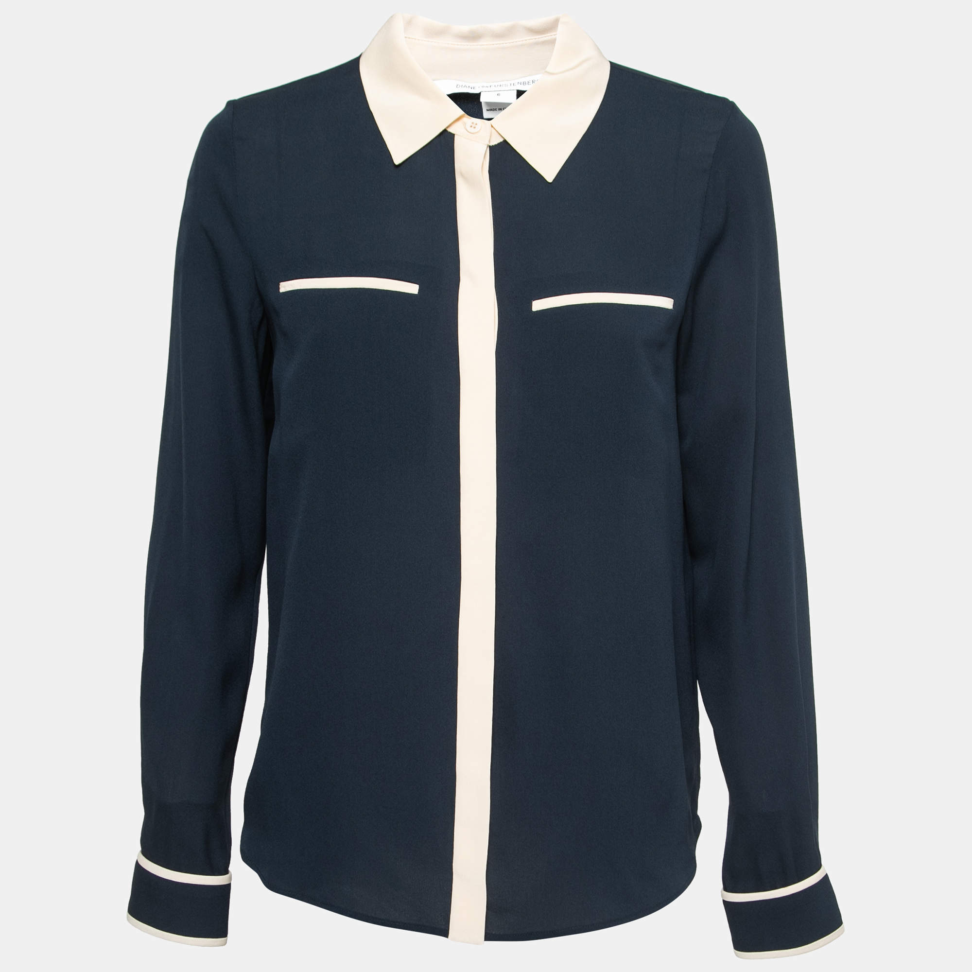 Pre Owned Diane Von Furstenberg Navy Blue Silk Contrast Collar Shirt M