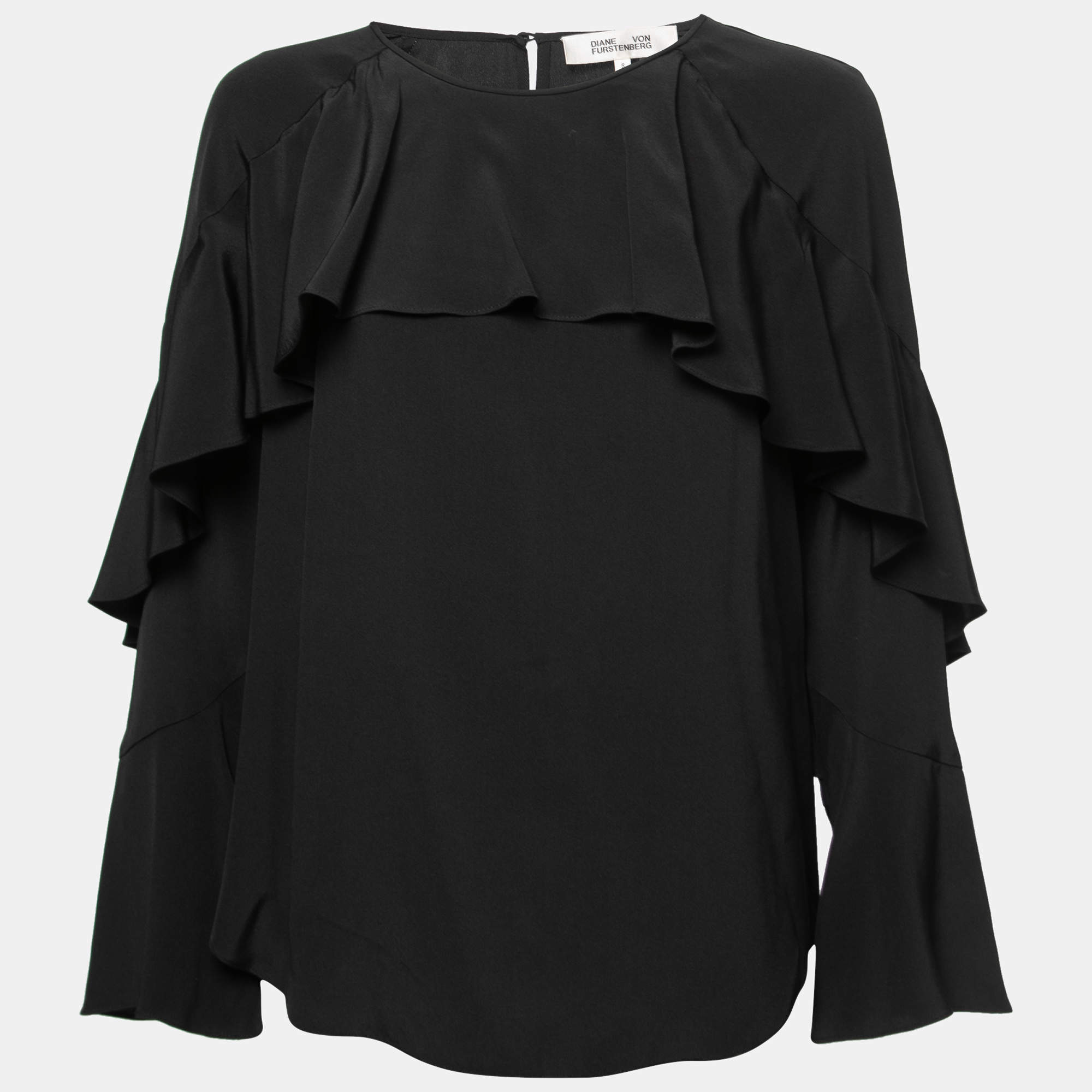 Pre Owned Diane Von Furstenberg Black Silk Ruffle Detail Blouse S
