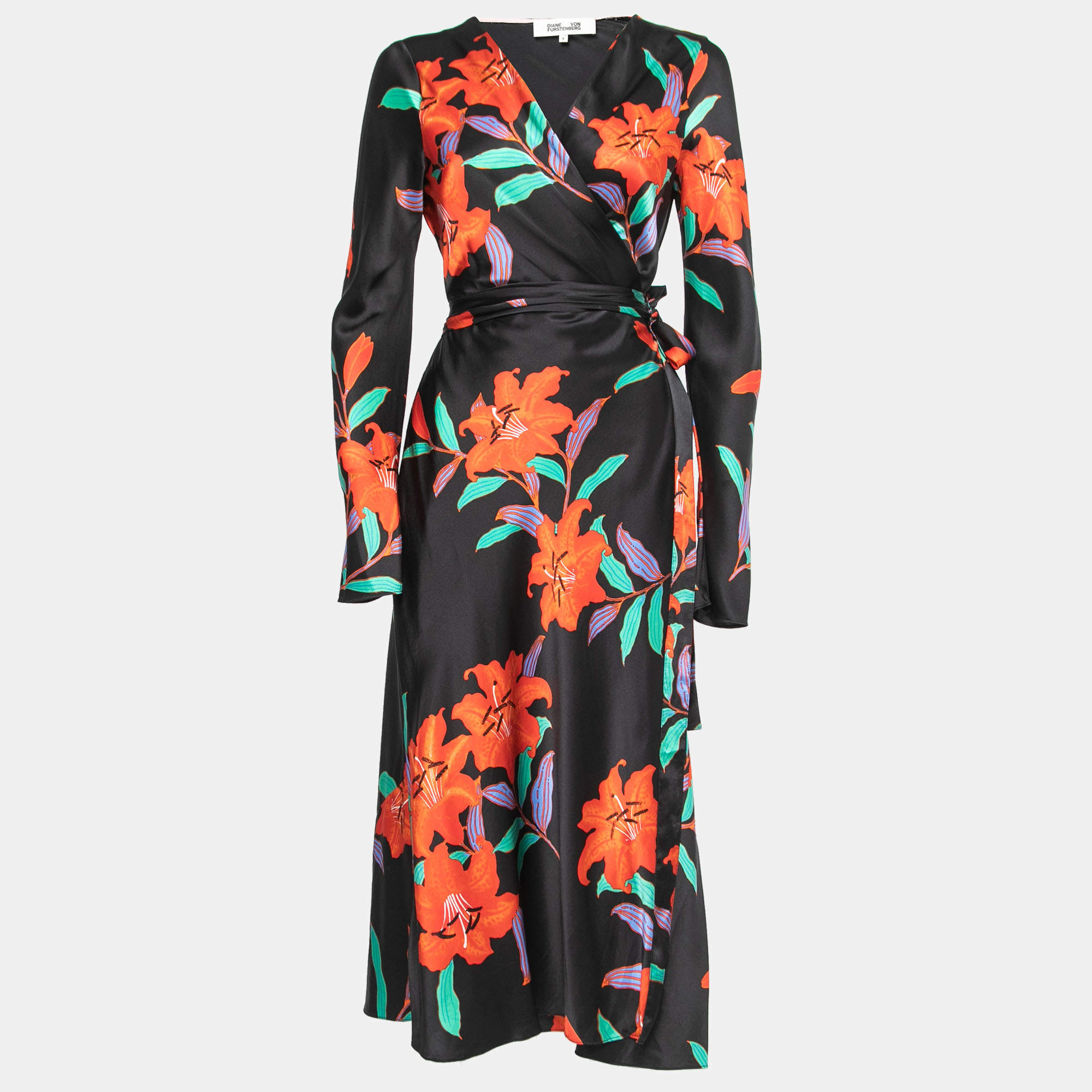 Pre Owned Diane Von Furstenberg Black Floral Printed Silk Satin Wrap Midi Dress M