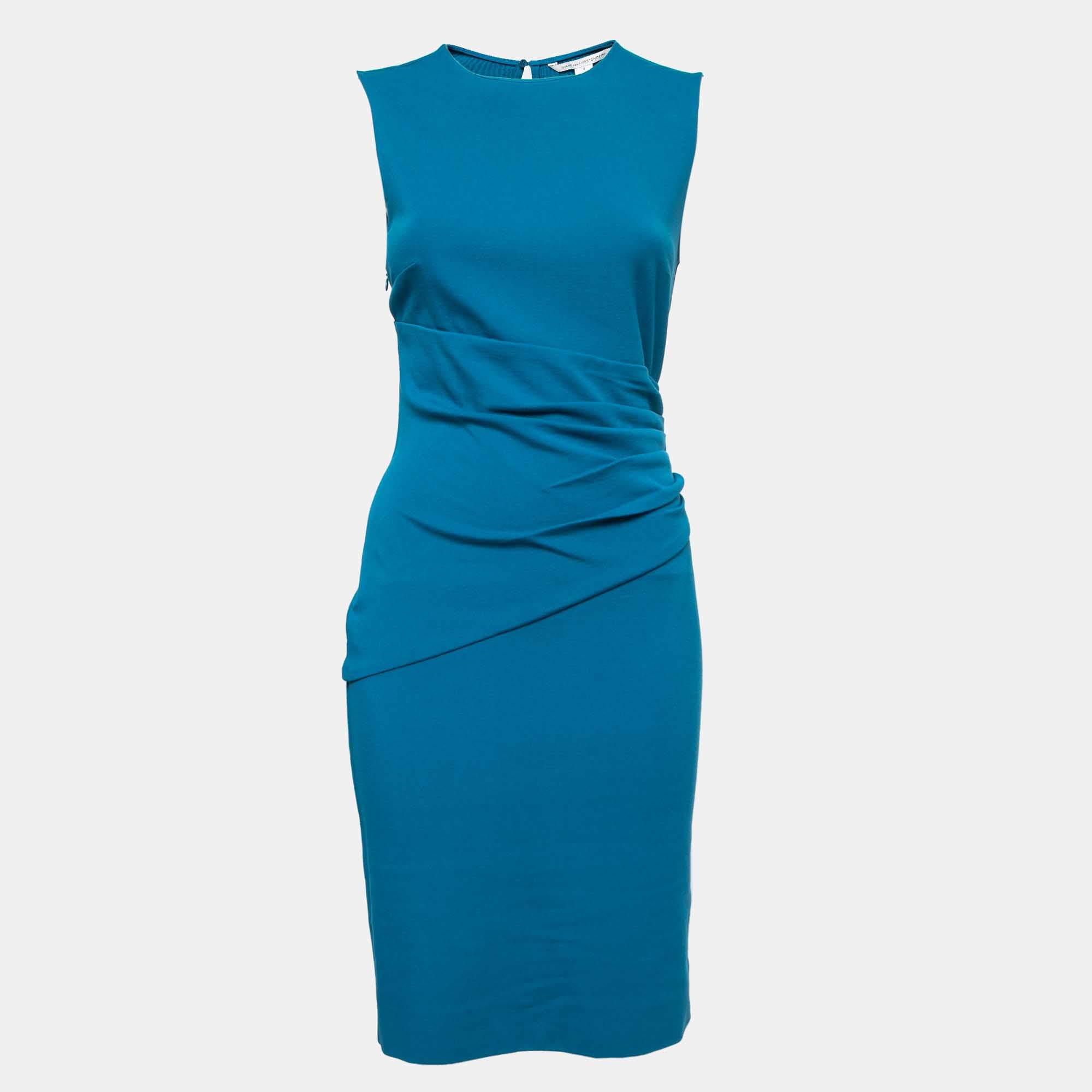 Diane Von Furstenberg Blue Jersey Ruched Bodycon Dress S