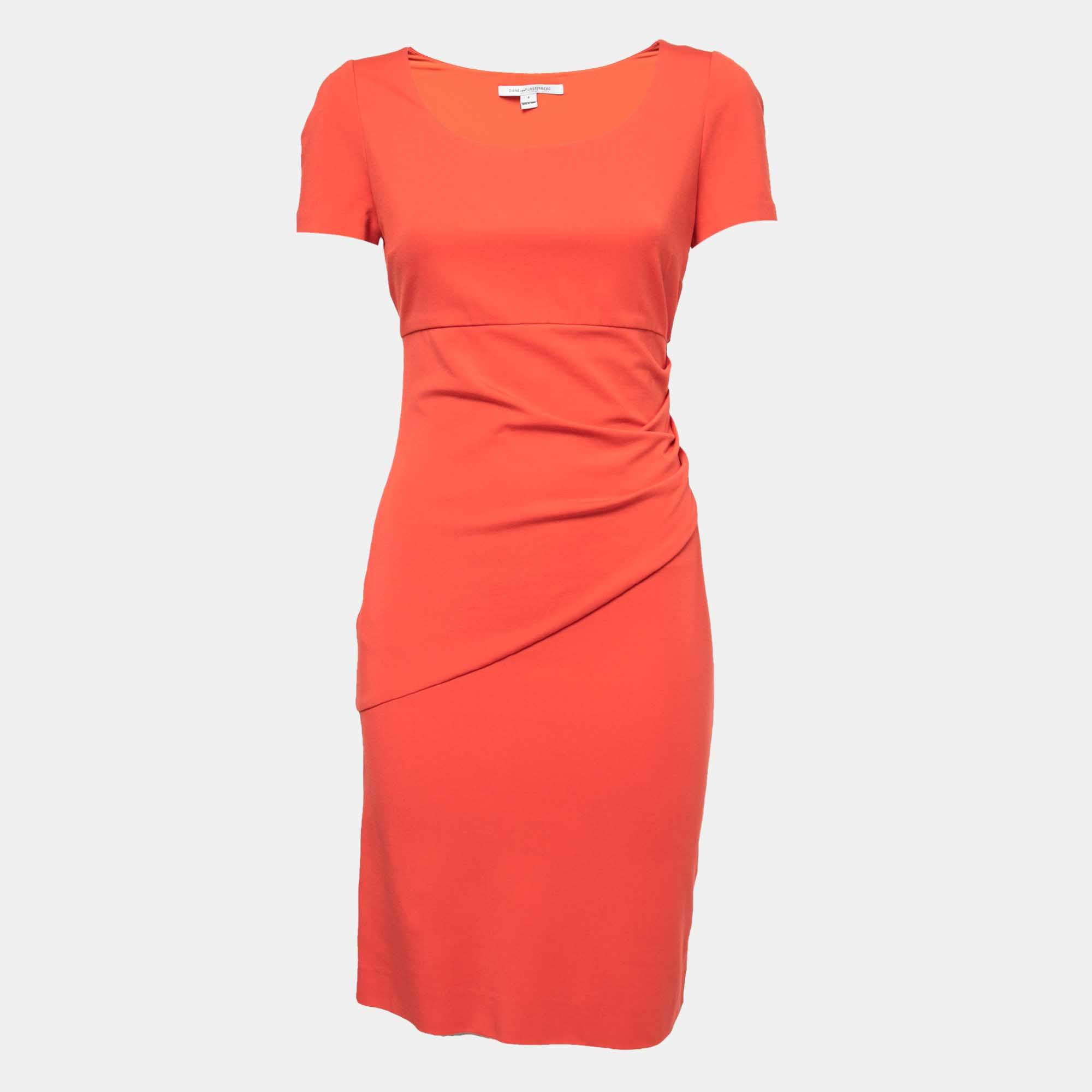 Pre Owned Diane Von Furstenberg Orange Knit Ruched Midi Dress S