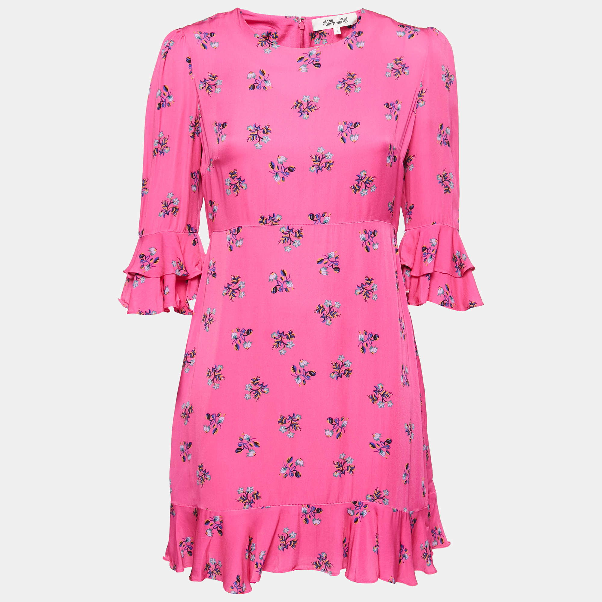 Pre Owned Diane Von Furstenberg Pink Floral All-Over Motif Crepe Ruffle Detail Mini Dress S
