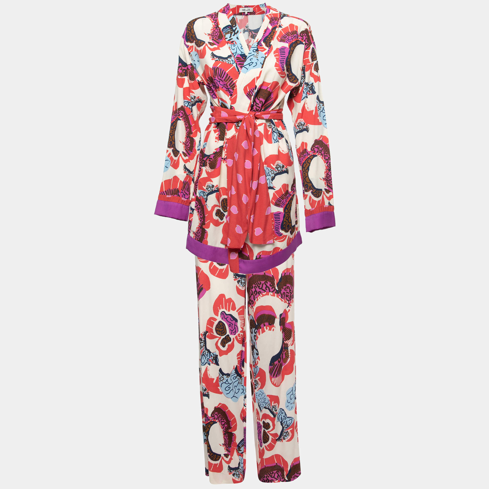 Pre Owned Diane von Furstenberg Multicolor Printed Crepe Kimono Top and Pant Set S