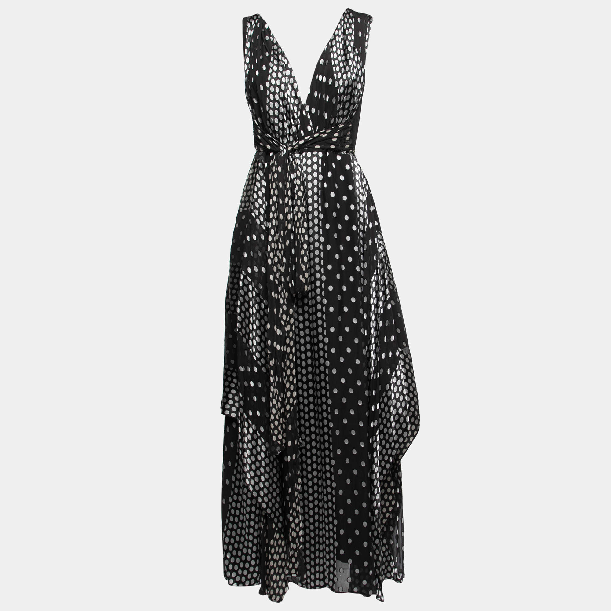 Pre Owned Diane Von Furstenberg Black Polka Dotted Silk Blend Sleeveless V-Neck Draped Maxi Dress XL