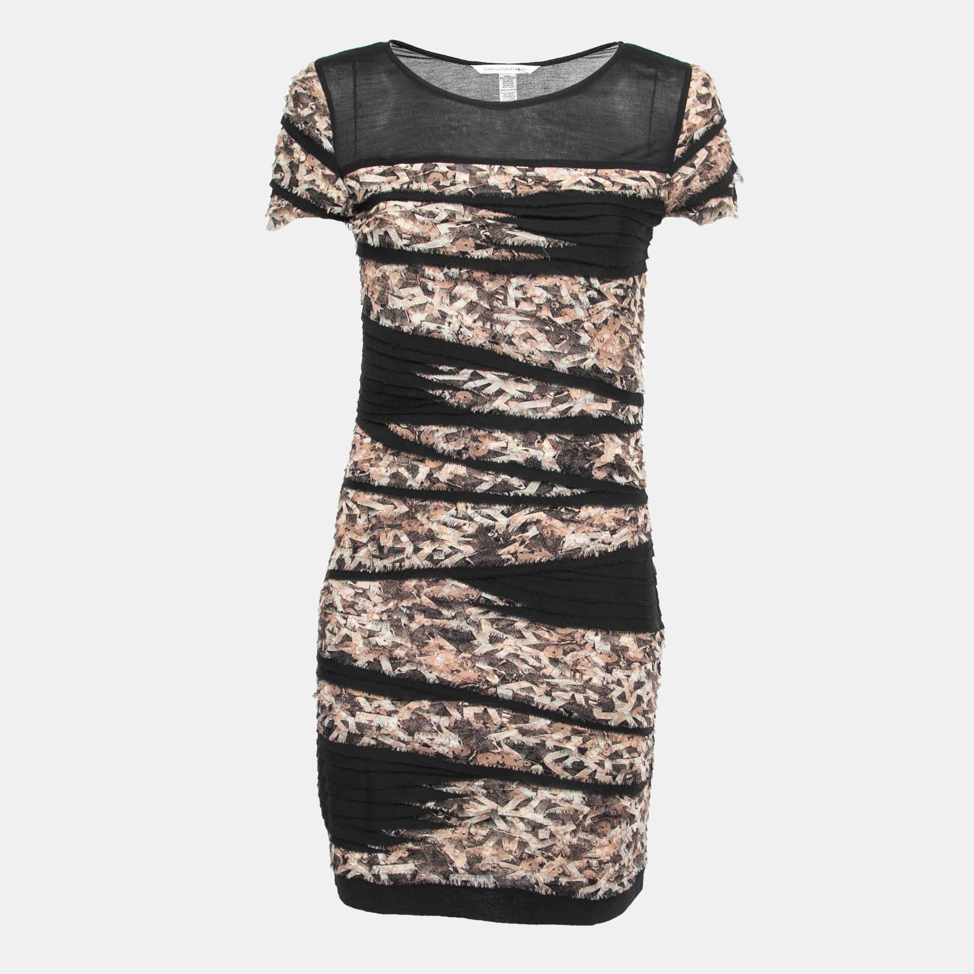 Pre Owned Diane Von Furstenberg Black Jersey Ruffled Bodycon Dress M