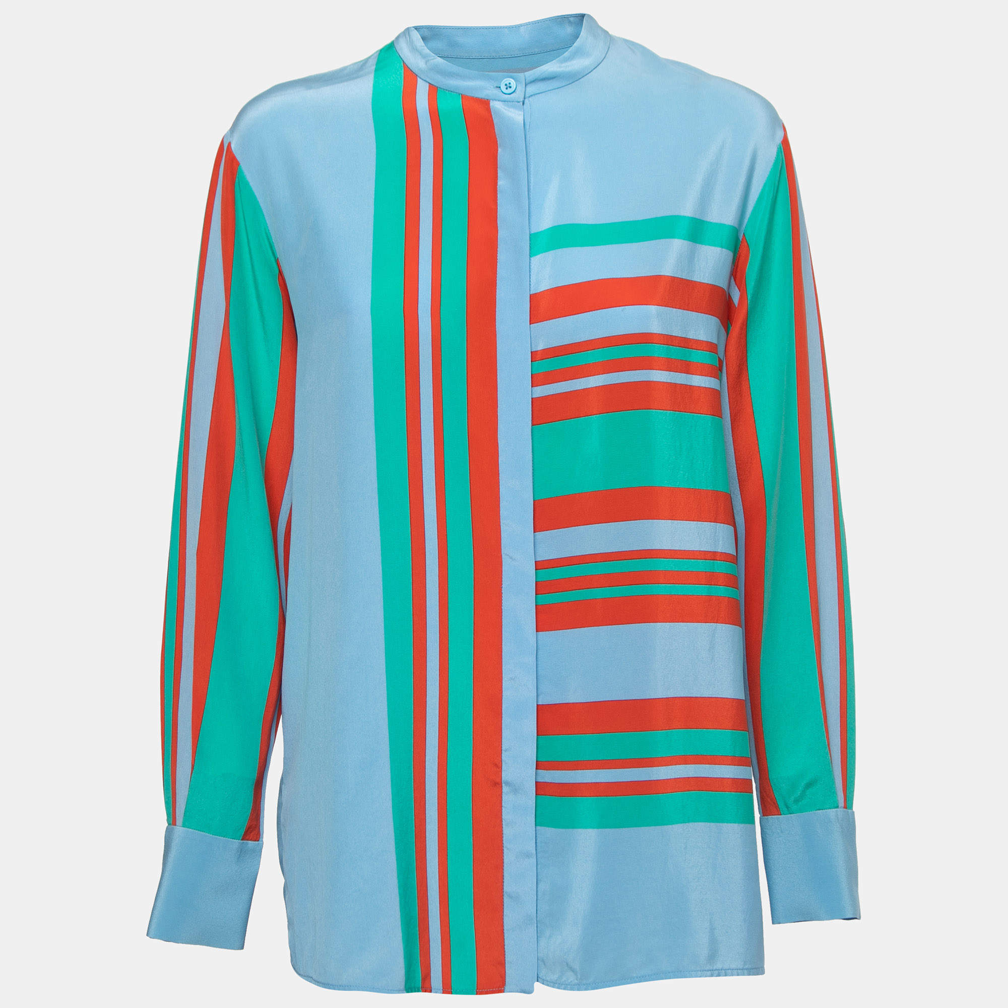 Pre Owned Diane Von Furstenberg Blue Striped Silk Round Neck Shirt S