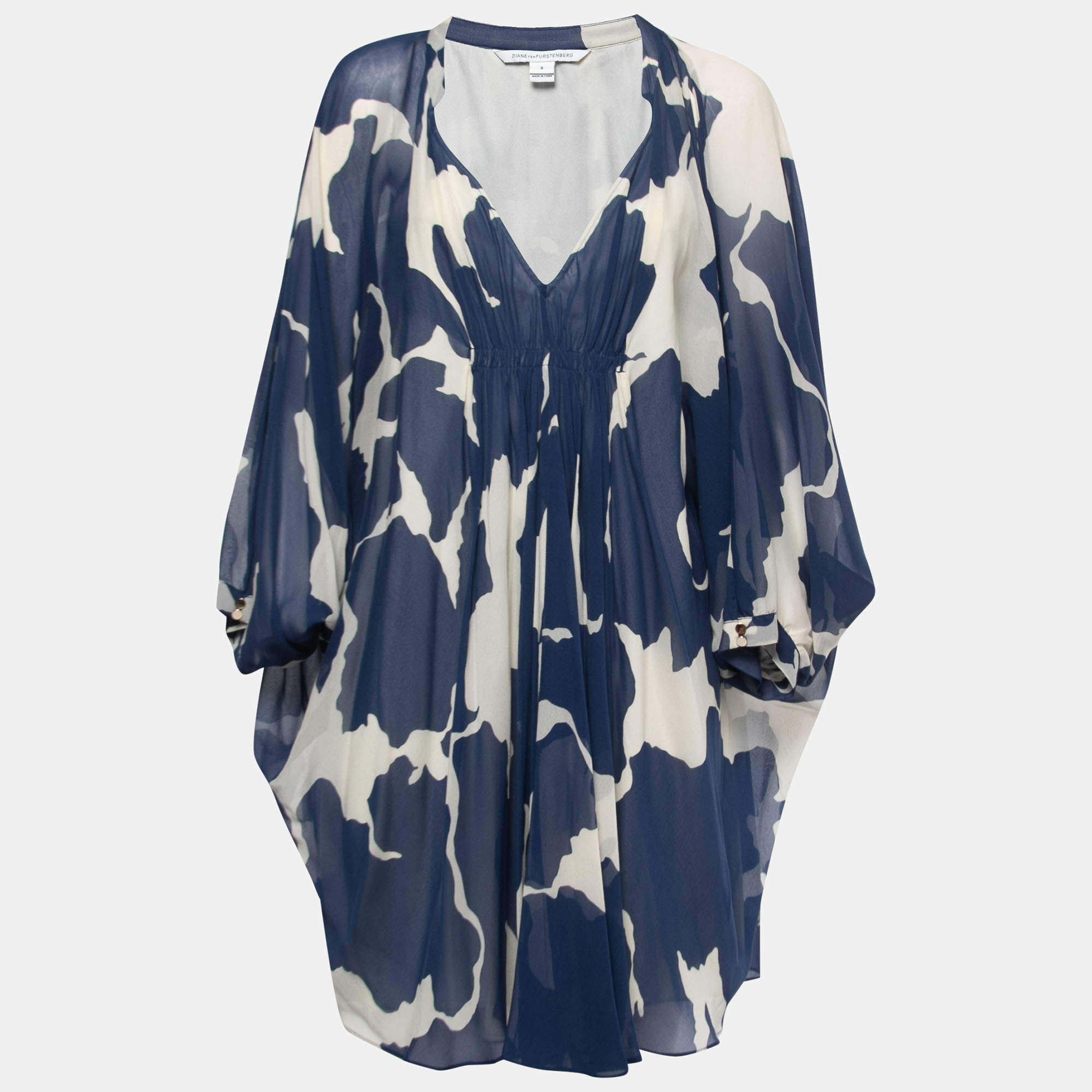 Pre Owned Diane Von Furstenberg Blue Printed Silk Fleurette Mini Dress M