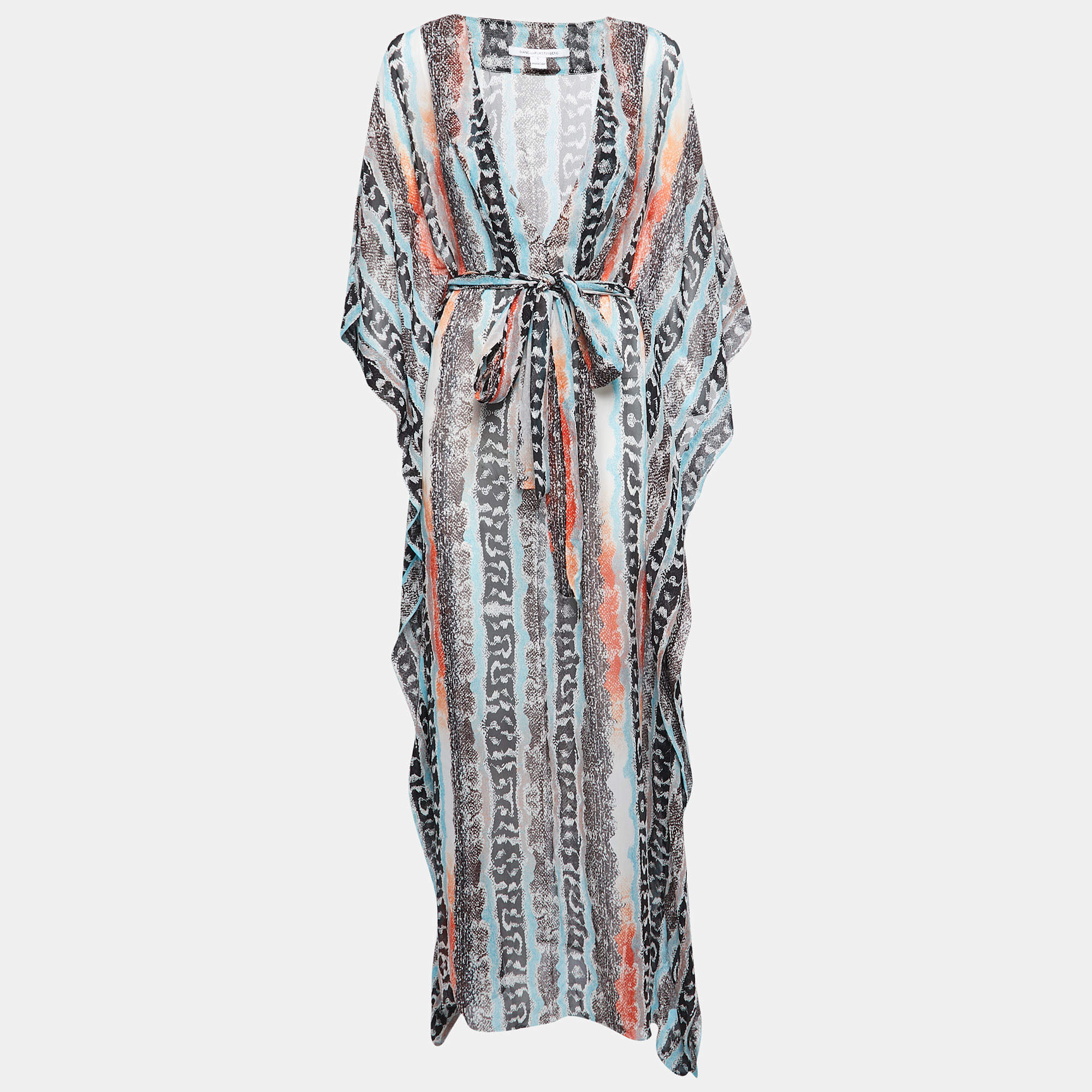 Pre Owned Diane Von Furstenberg Multicolor Printed Silk V-Neck Tie Detail Maxi Kaftan S