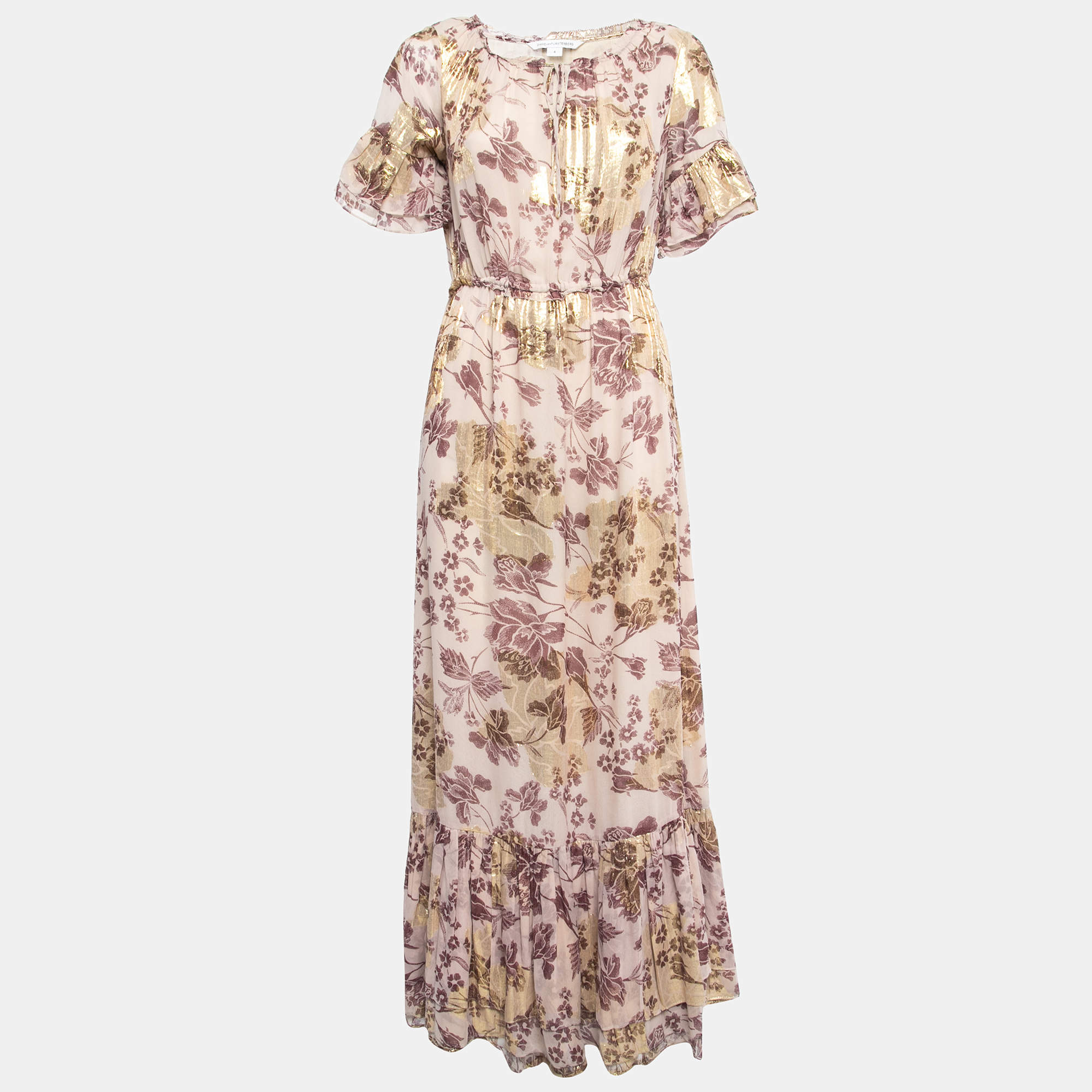 Pre Owned Diane Von Furstenberg Dusty Pink Printed Silk & Lurex Ruffle Detailed Maxi Dress S